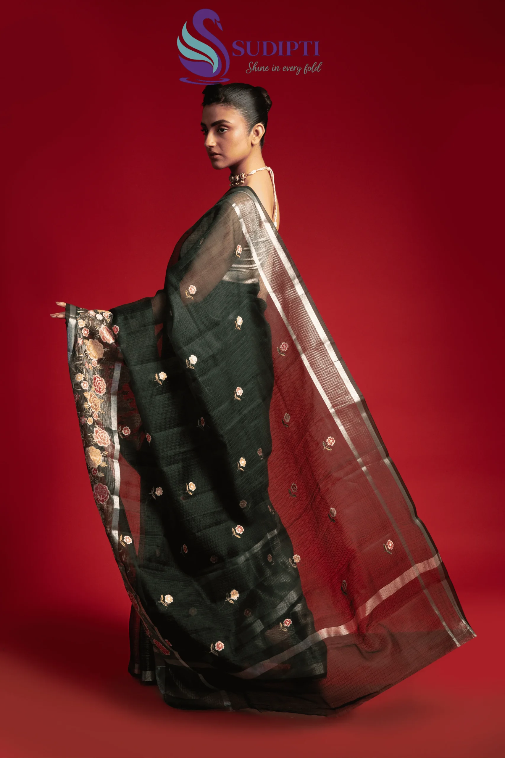 Midnight Bloom Kora Banarasi Saree