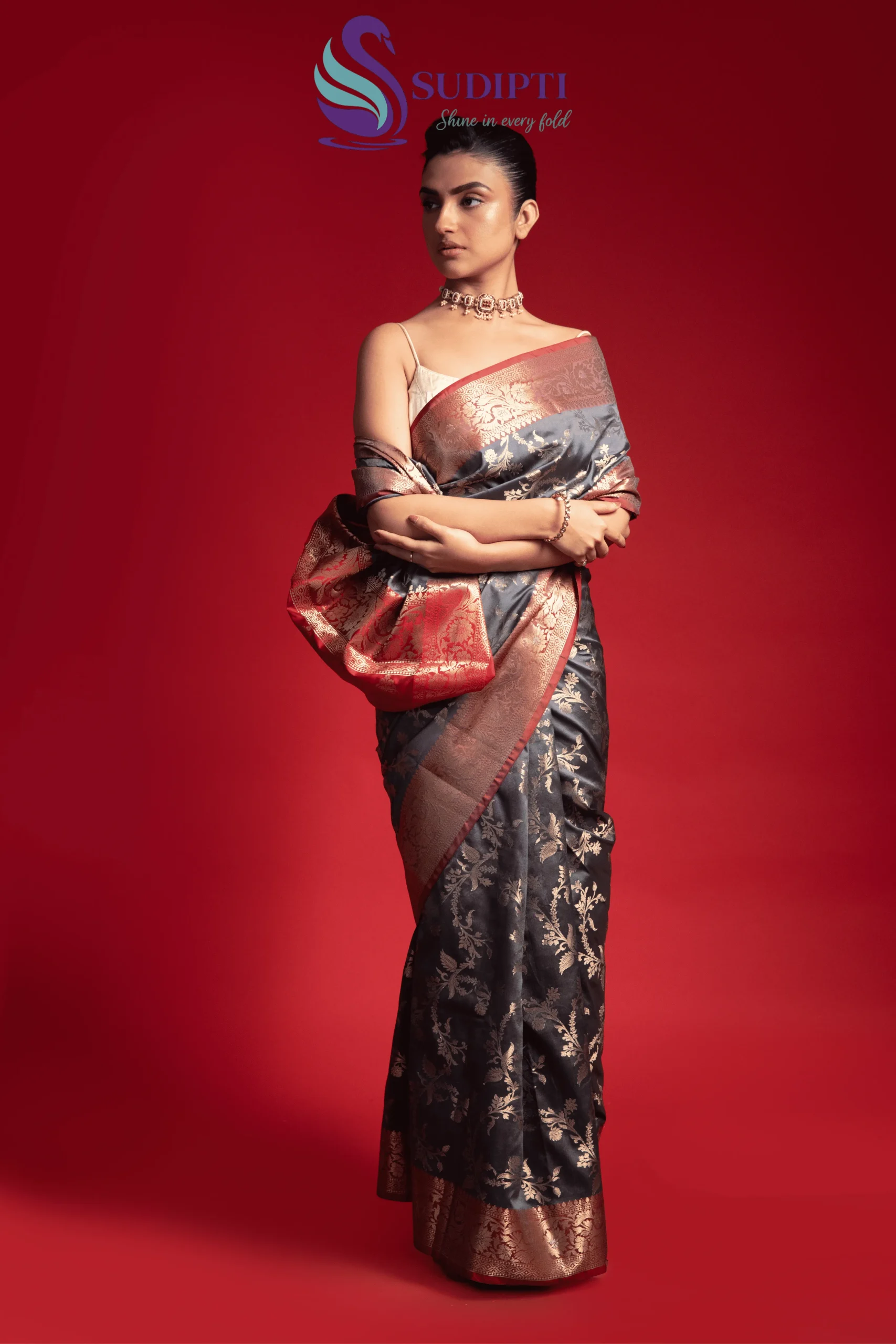 Steel Rose Jaal Banarasi Saree