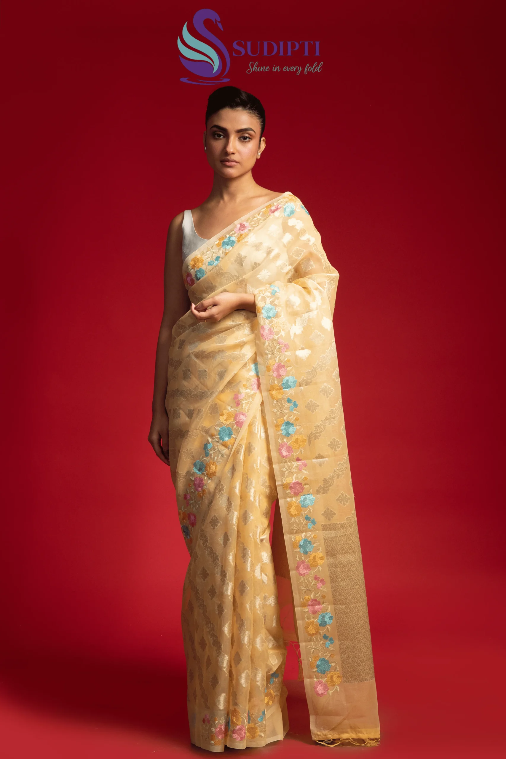 Honey Yellow Blossom Tissue Banarasi Saree