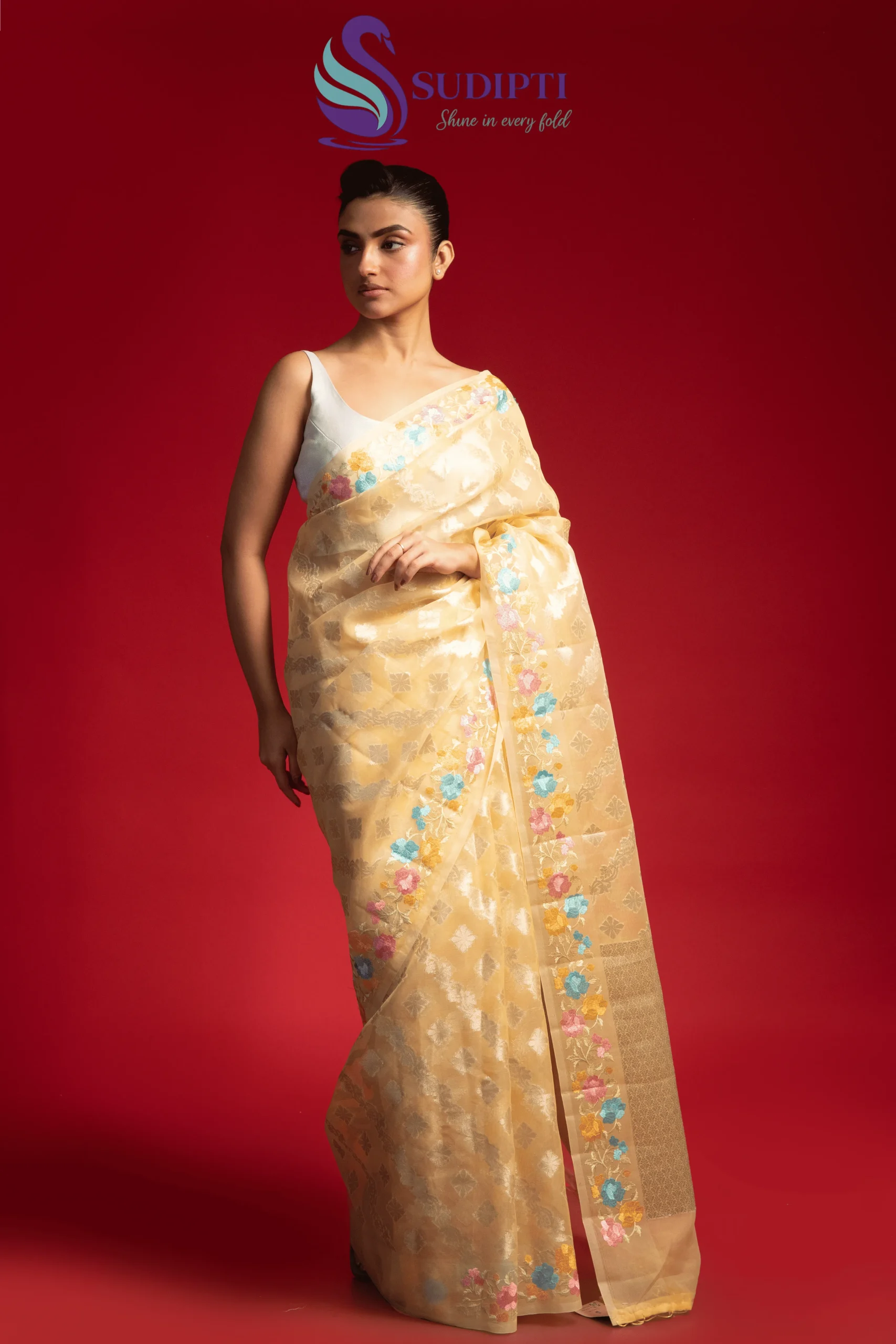Honey Yellow Blossom Tissue Banarasi Saree