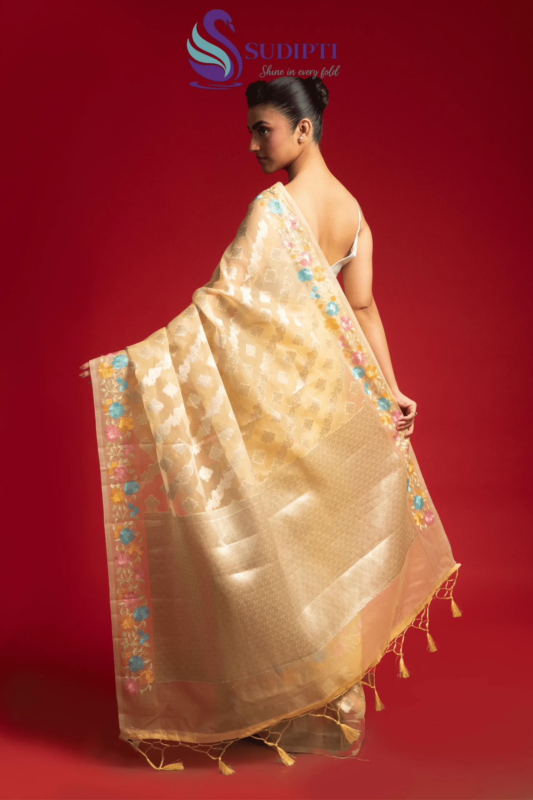 Honey Yellow Blossom Tissue Banarasi Saree