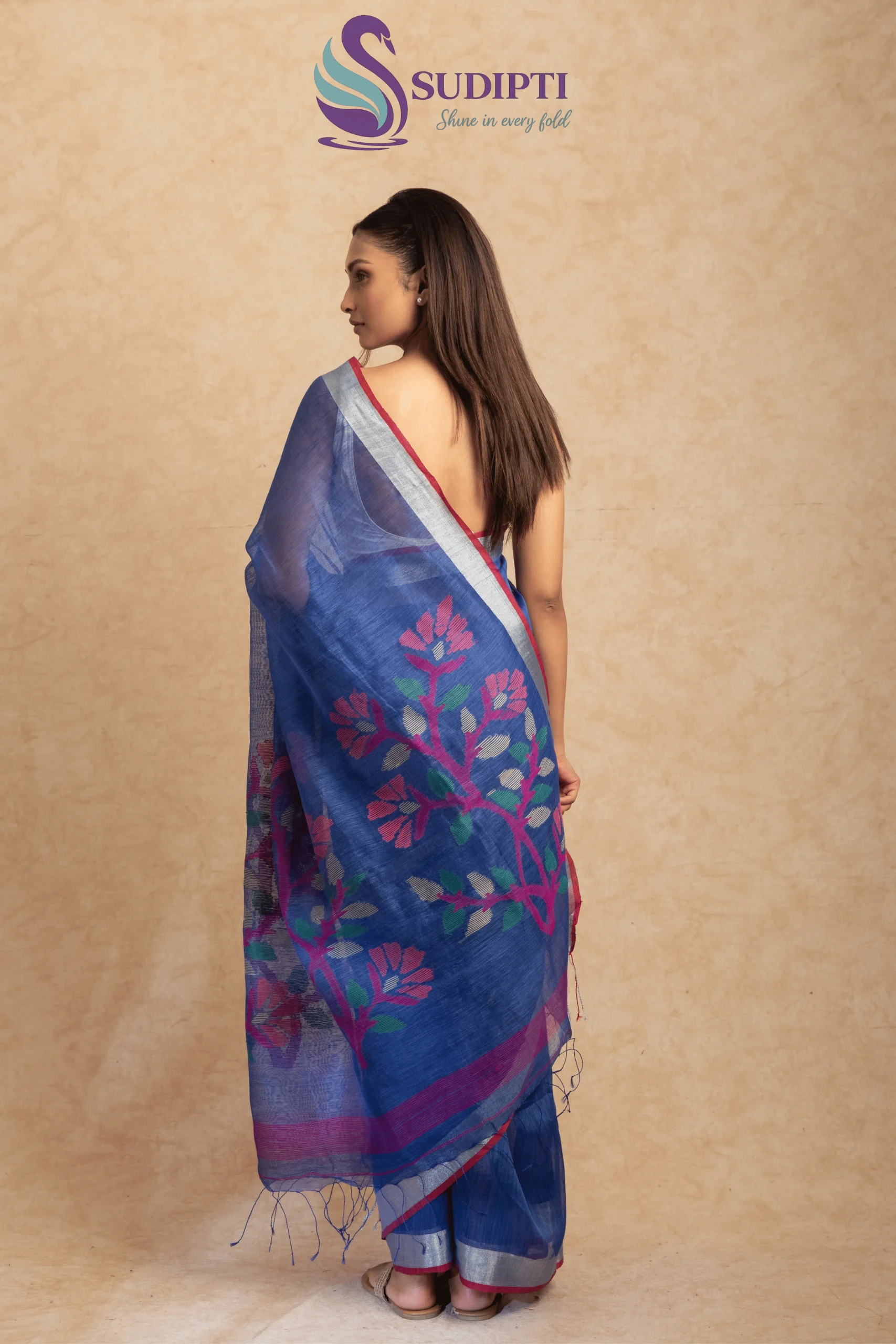 Royal Indigo Bloom Linen Silk Saree