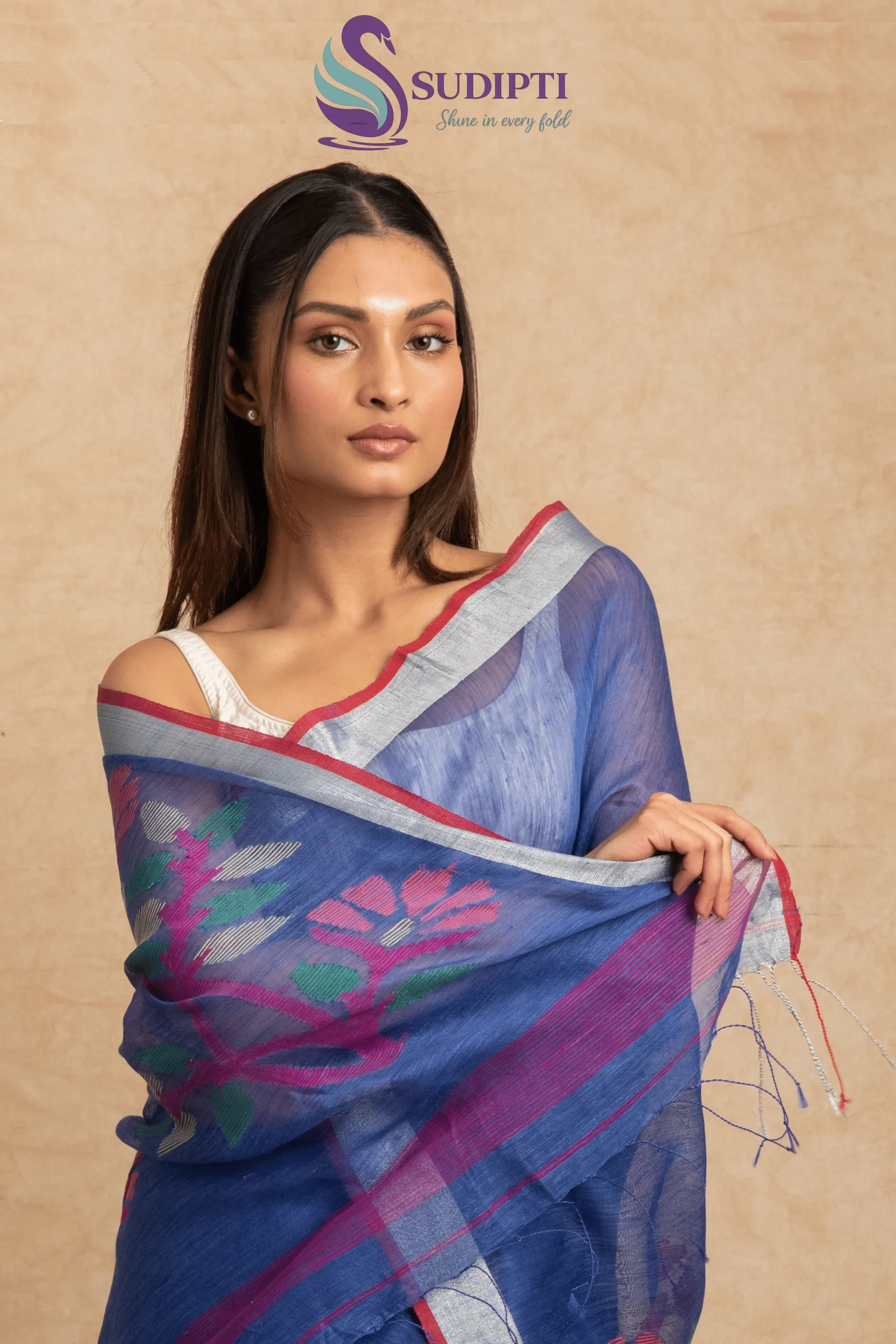 Royal Indigo Bloom Linen Silk Saree