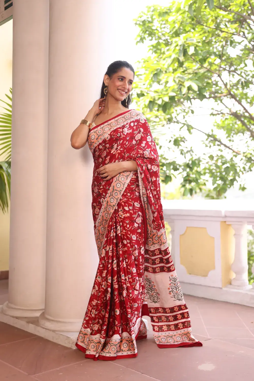 Red Modal Silk Ajrakh with mirror Work