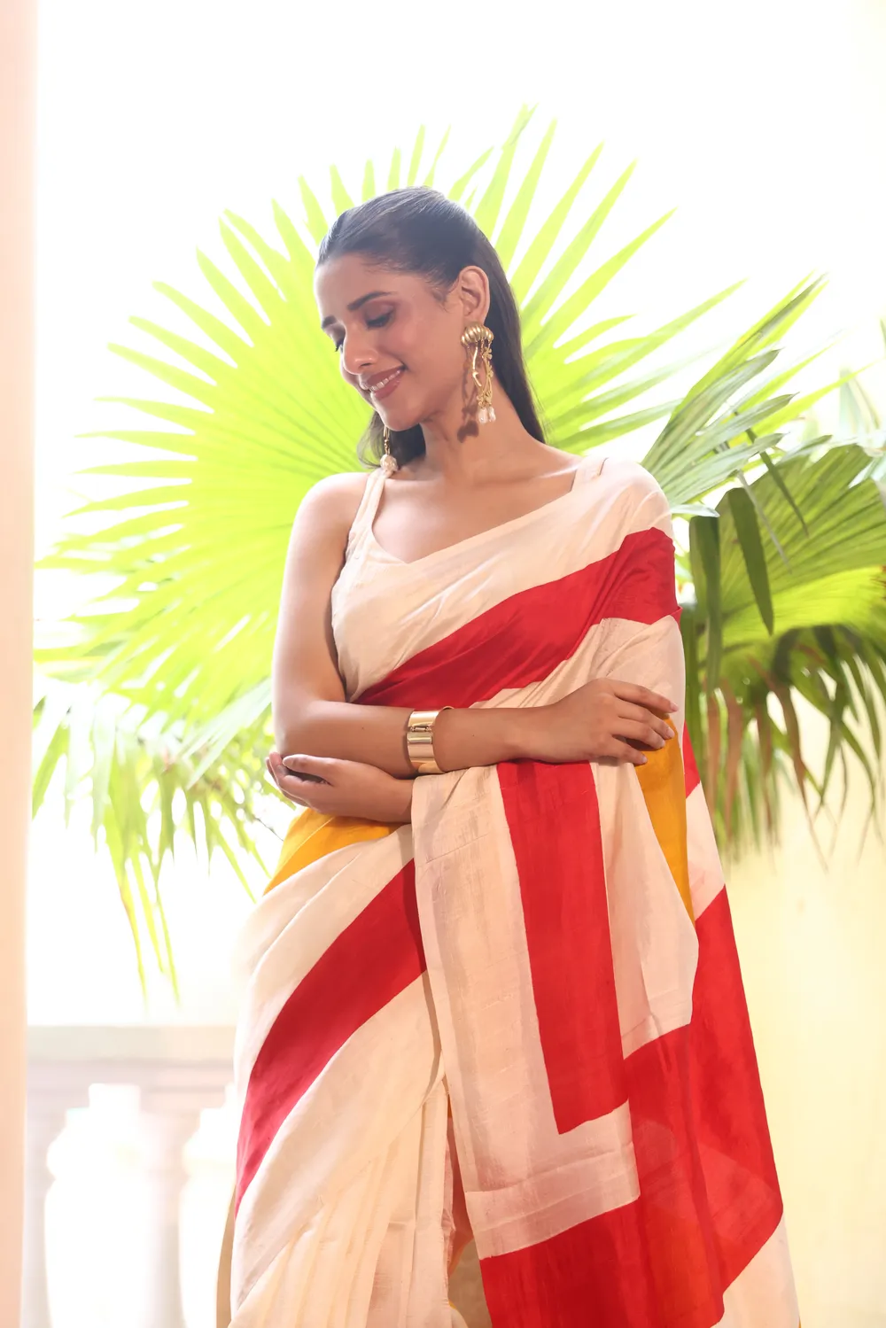 White & Red Pure Silk Saree