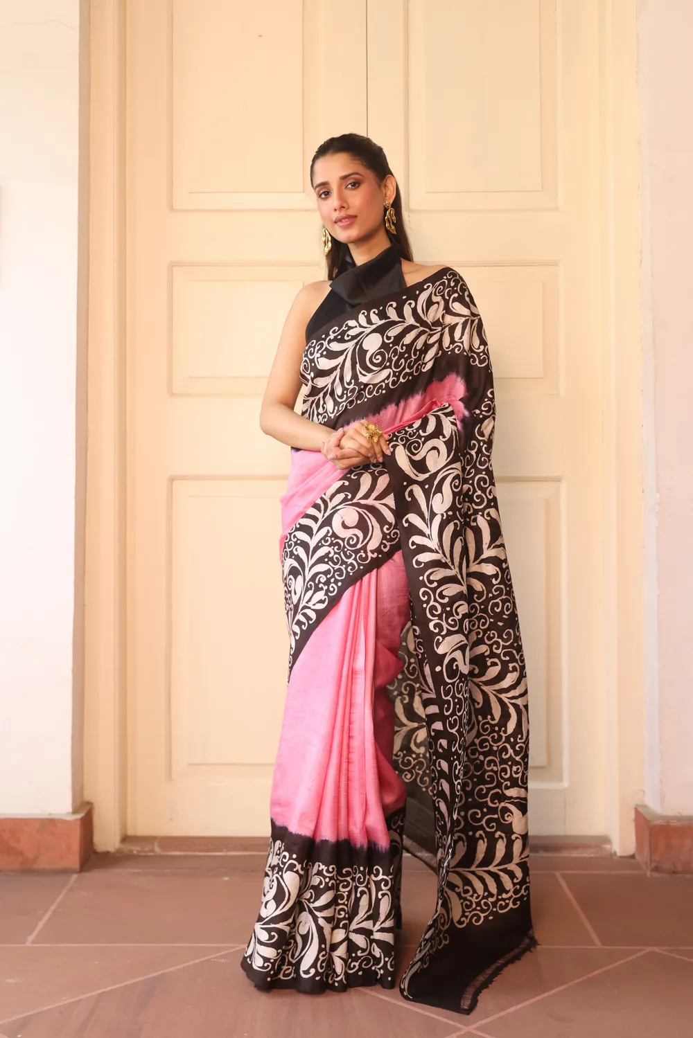 Pink & Black Pure Silk Saree