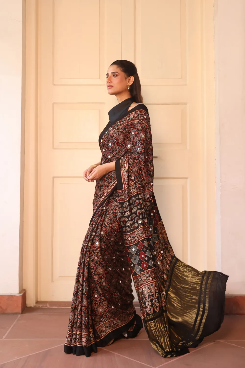 Black Modal Silk Ajrakh with mirror Work