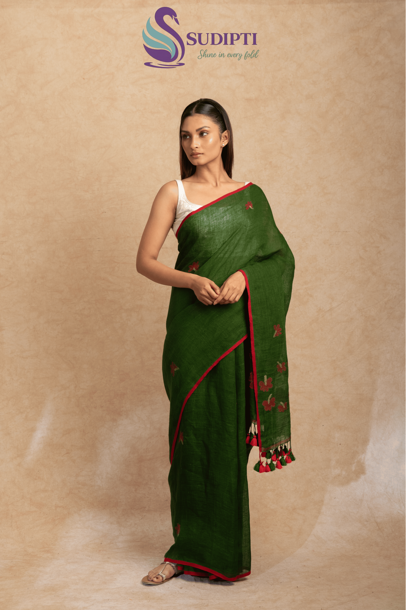 FOREST GREEN PURE LINEN SAREE