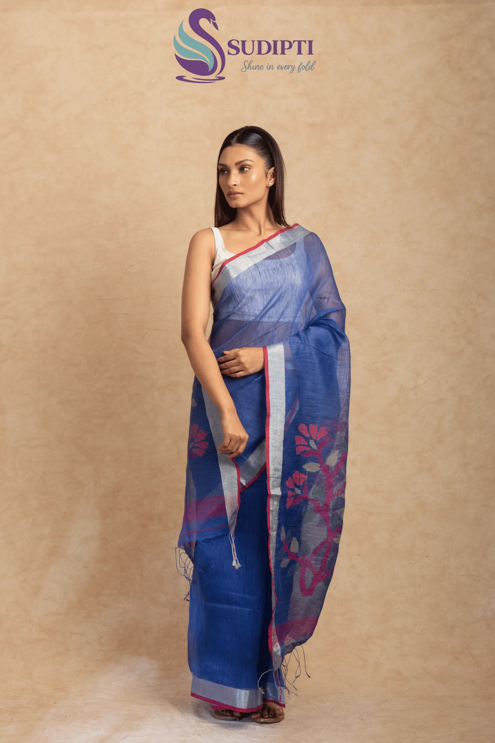 Royal Indigo Bloom Linen Silk Saree