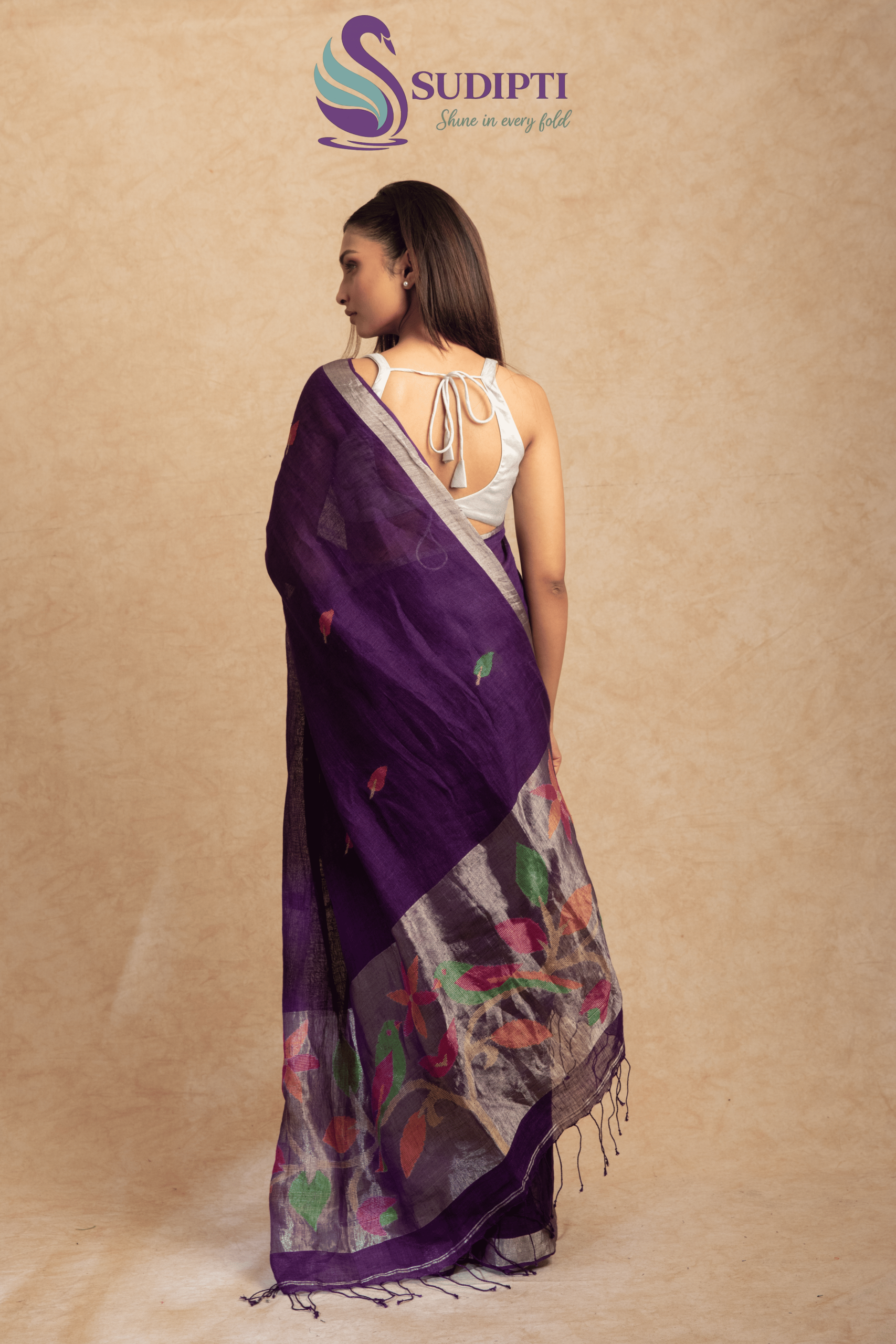 Midnight Bloom Linen Saree