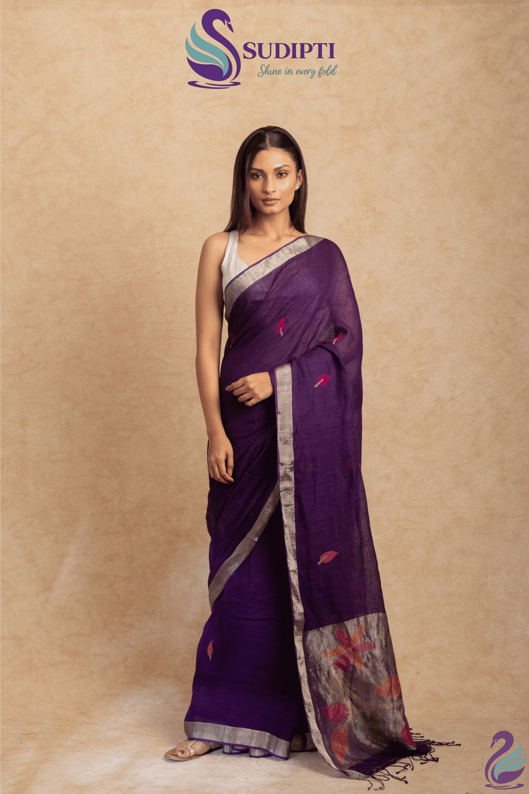 Midnight Bloom Linen Saree