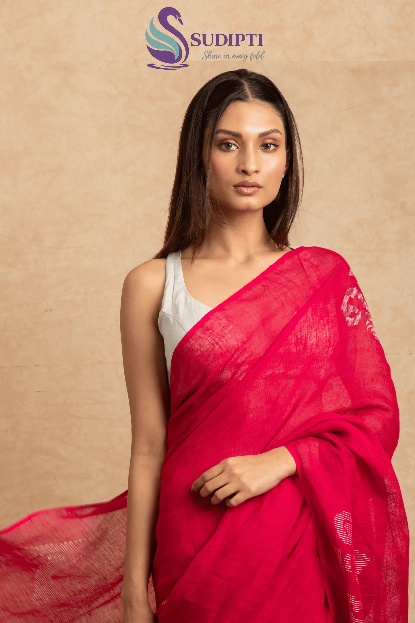 Fuchsia Pure Linen Jamdani Saree