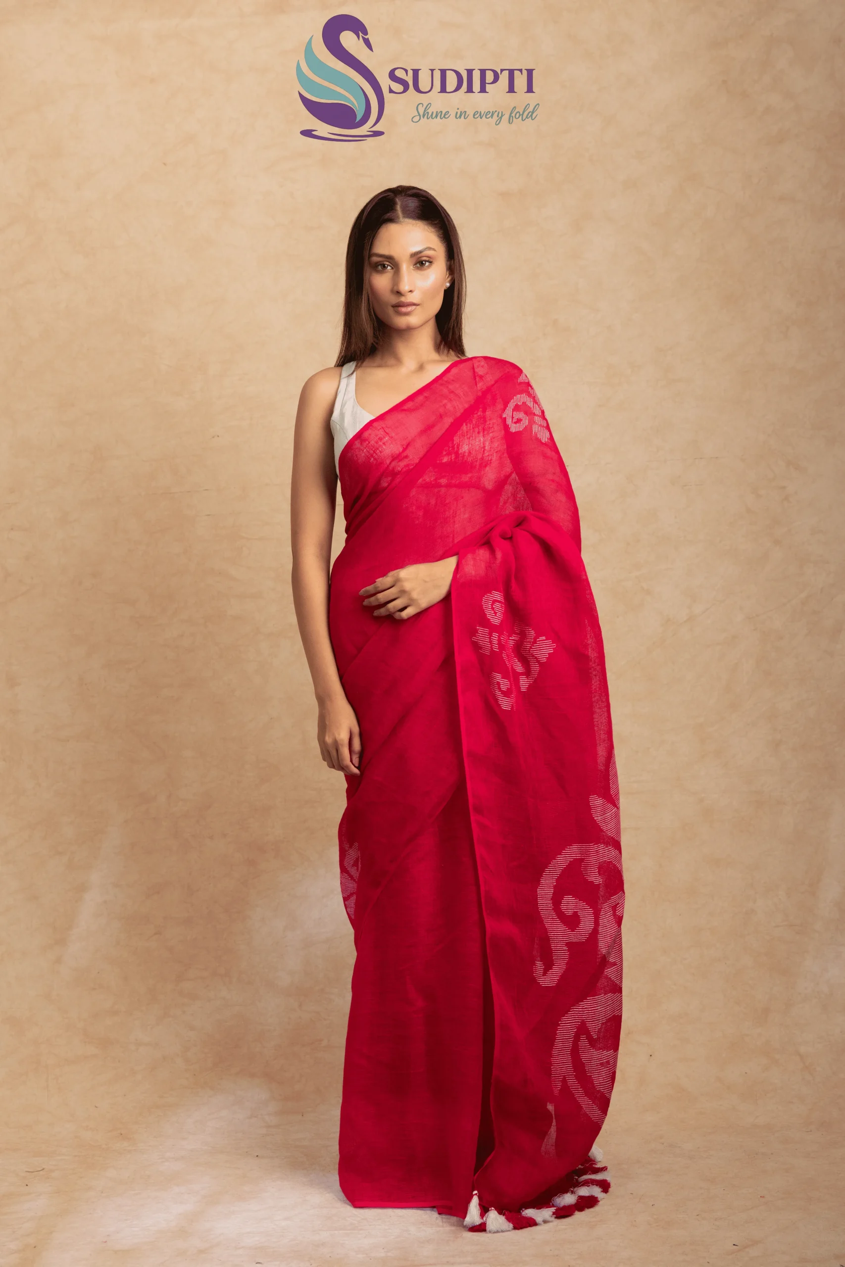 Fuchsia Pure Linen Jamdani Saree