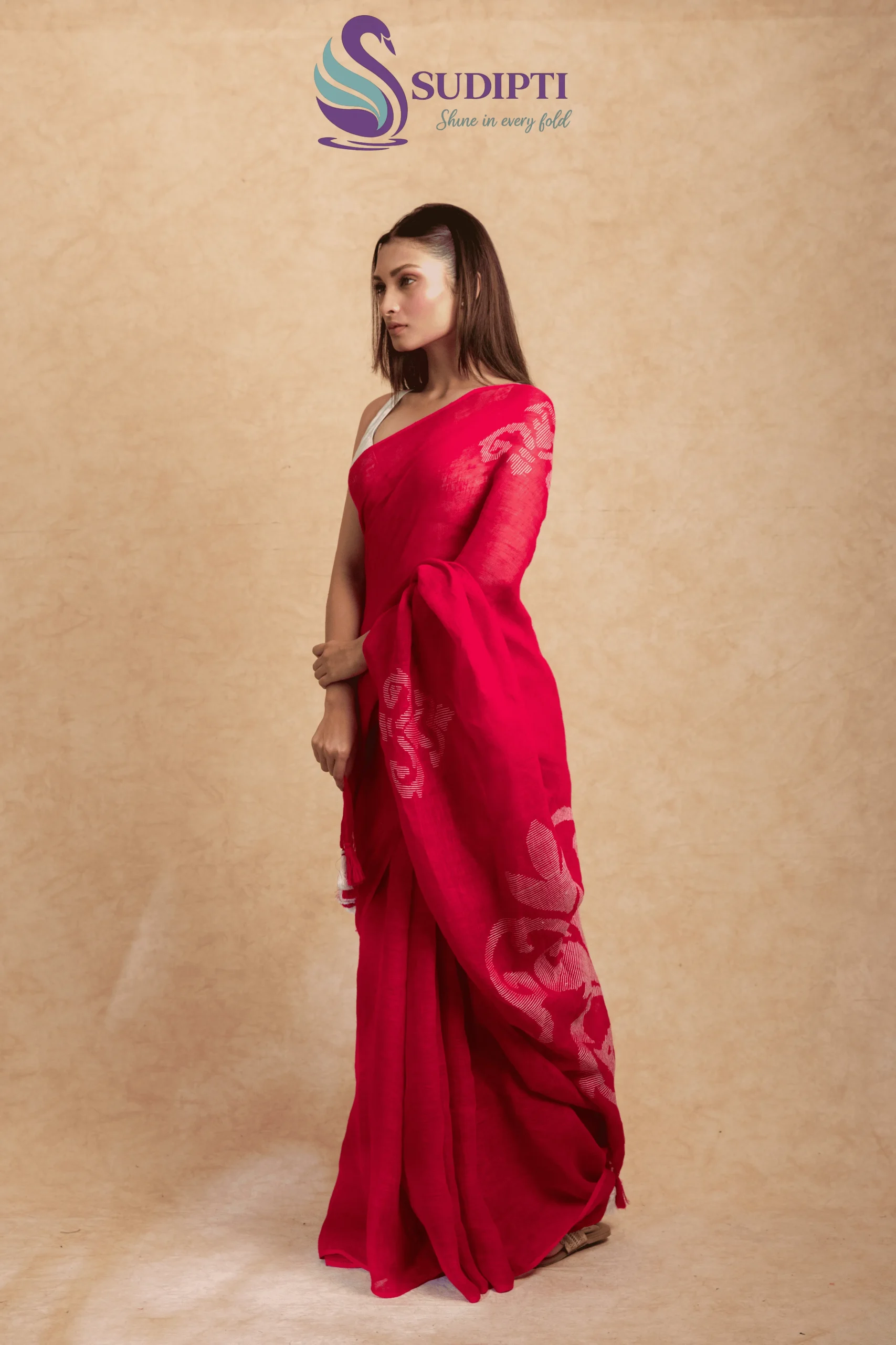 Fuchsia Pure Linen Jamdani Saree