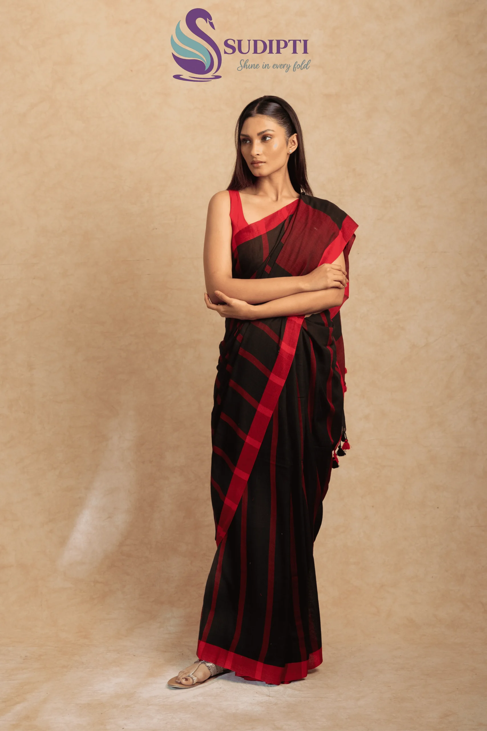 Black Pure Cotton Saree With Red Stripes