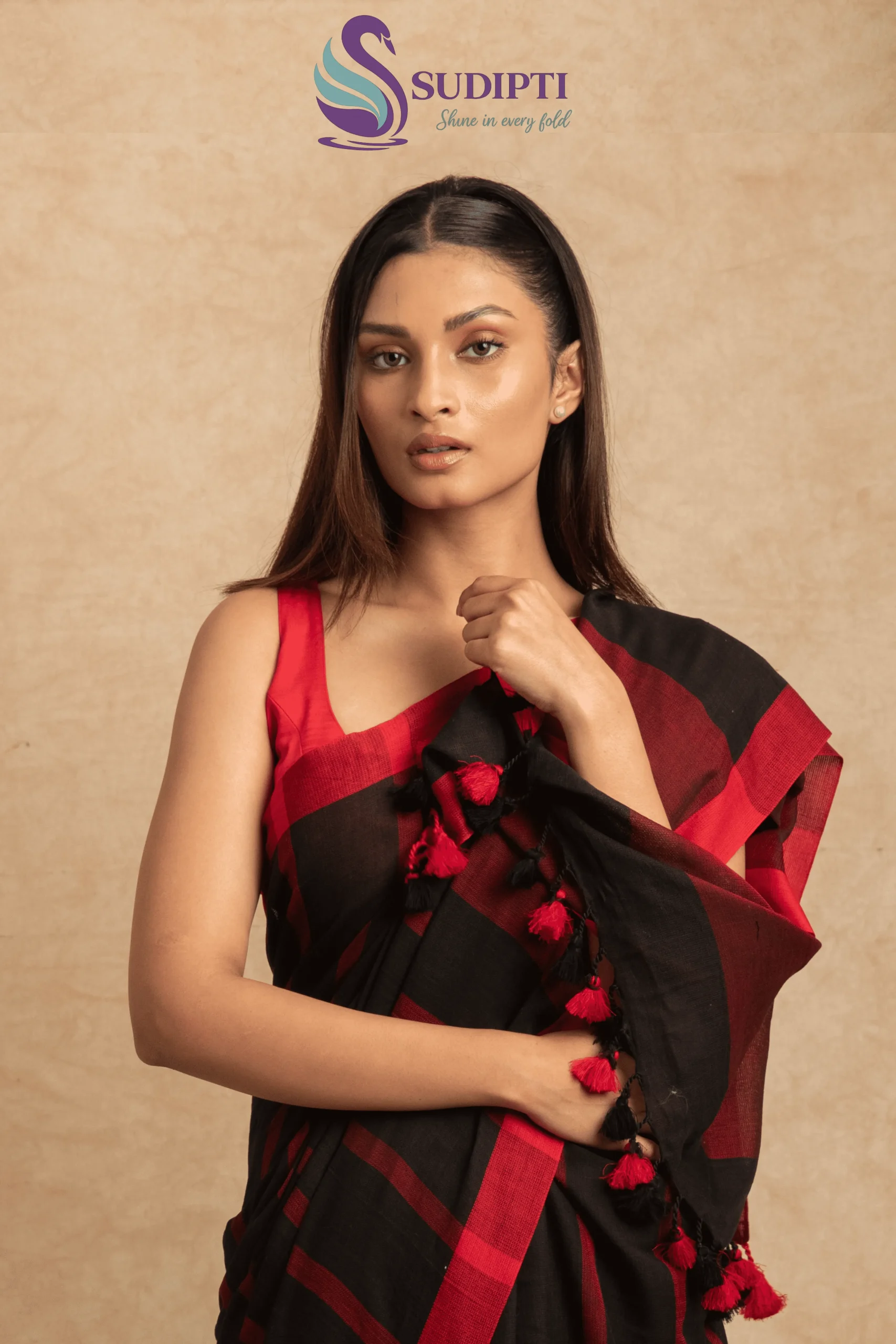 Black Pure Cotton Saree With Red Stripes