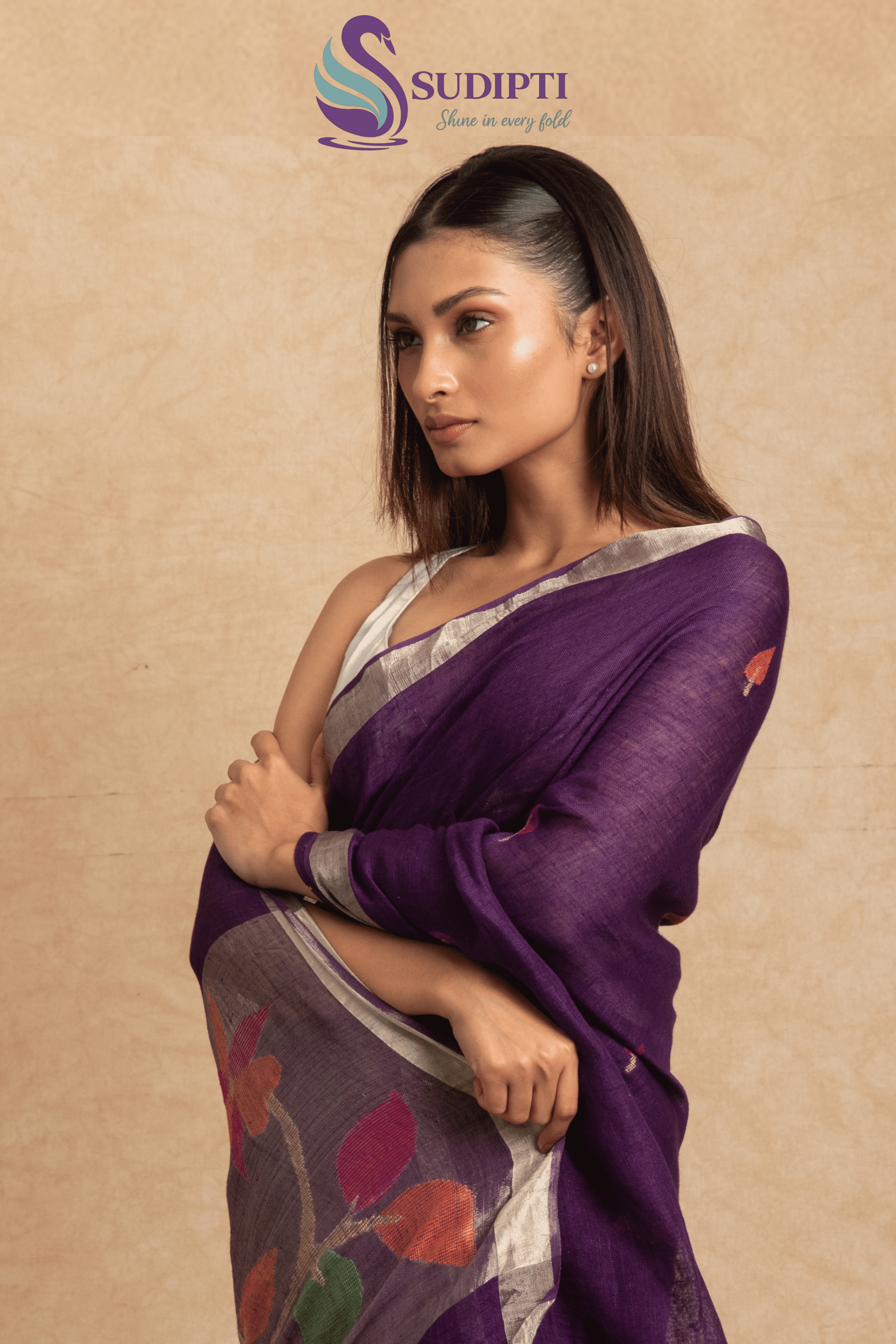 Midnight Bloom Linen Saree