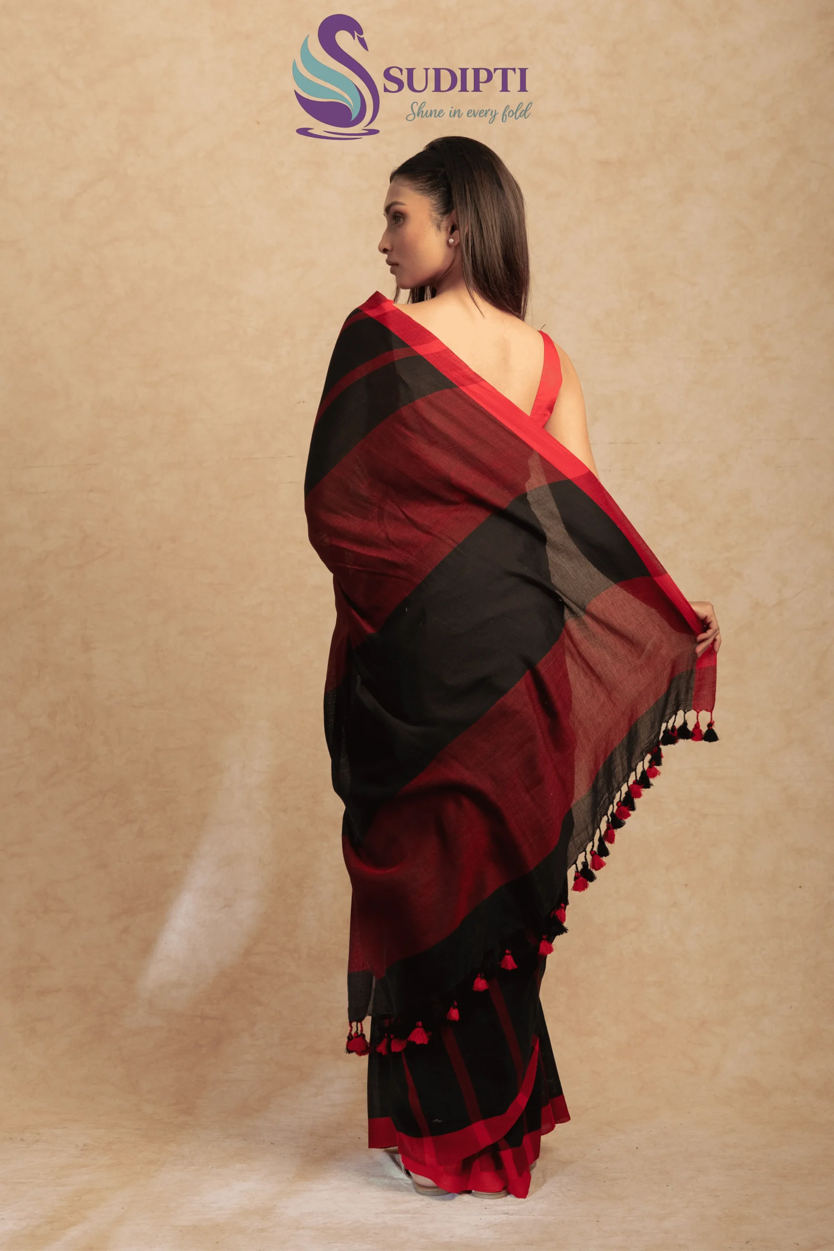 Black Pure Cotton Saree With Red Stripes