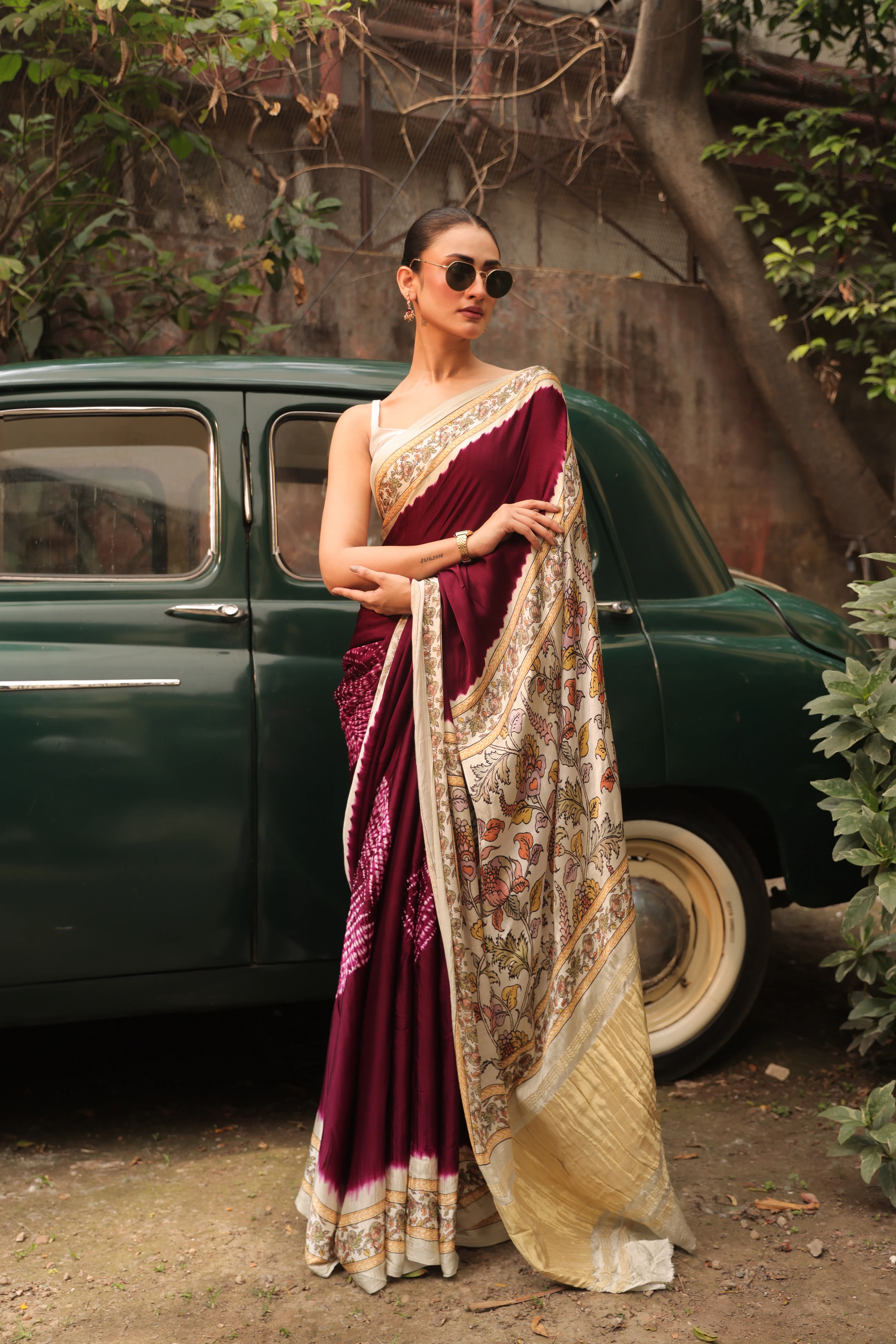 Burgundy Heritage Digital Print Saree