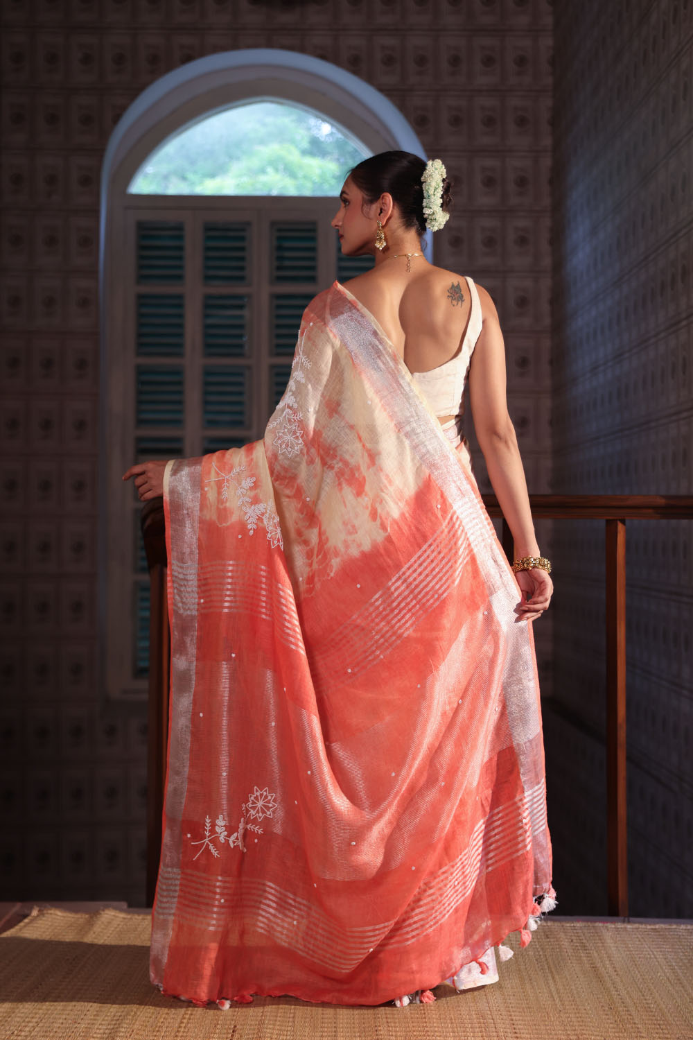 Coral Dawn Shibori Linen Saree