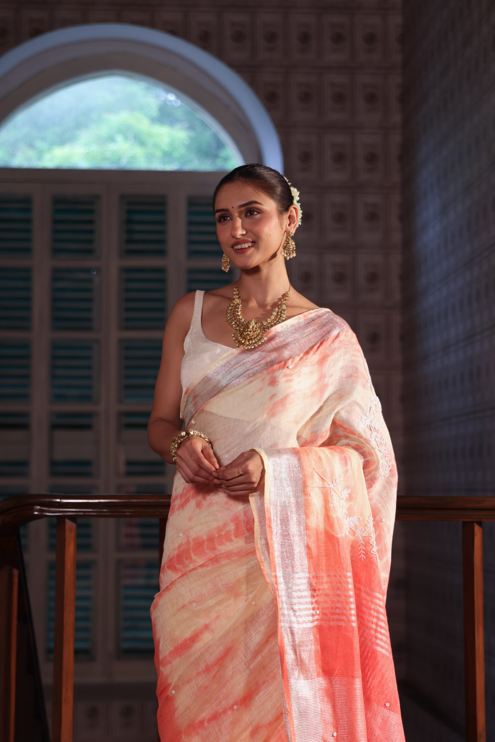 Coral Dawn Shibori Linen Saree