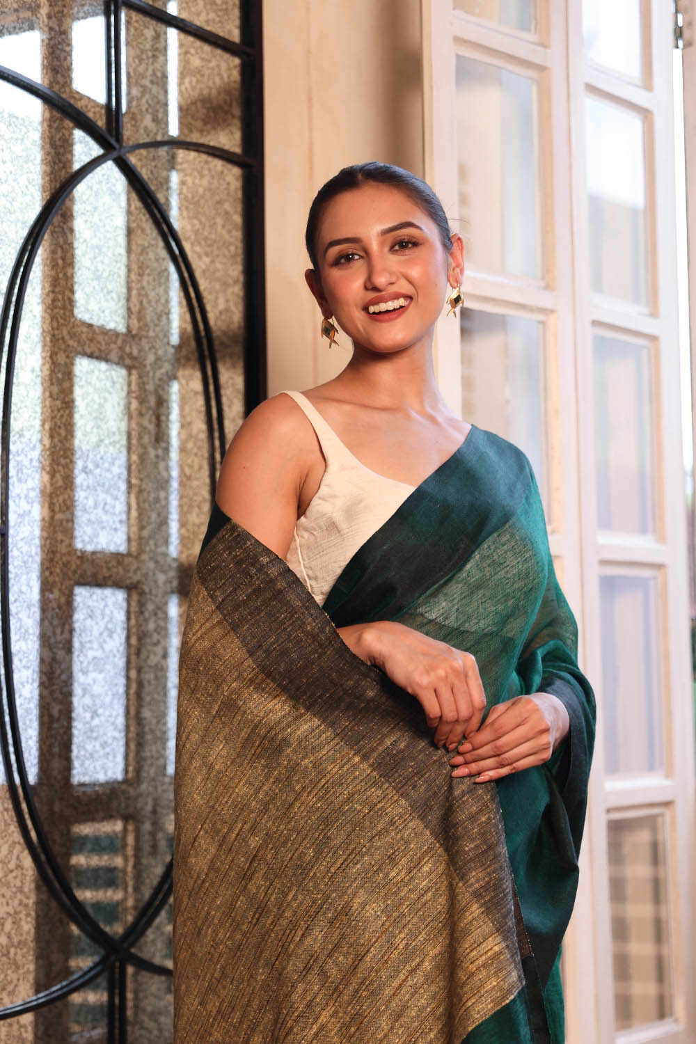 Emerald Aura Linen Saree