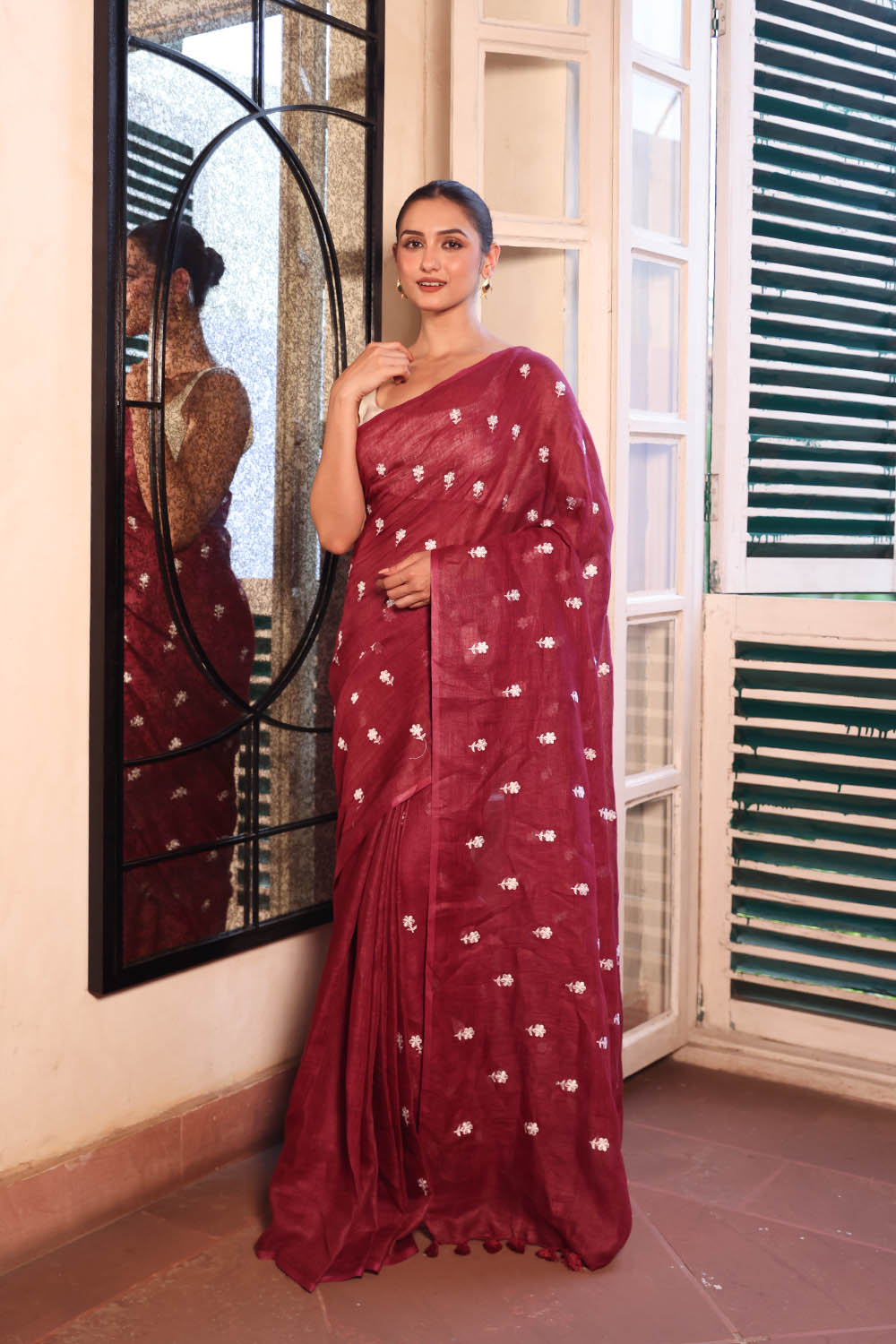 Burgundy Blossom Embroidered Linen Saree