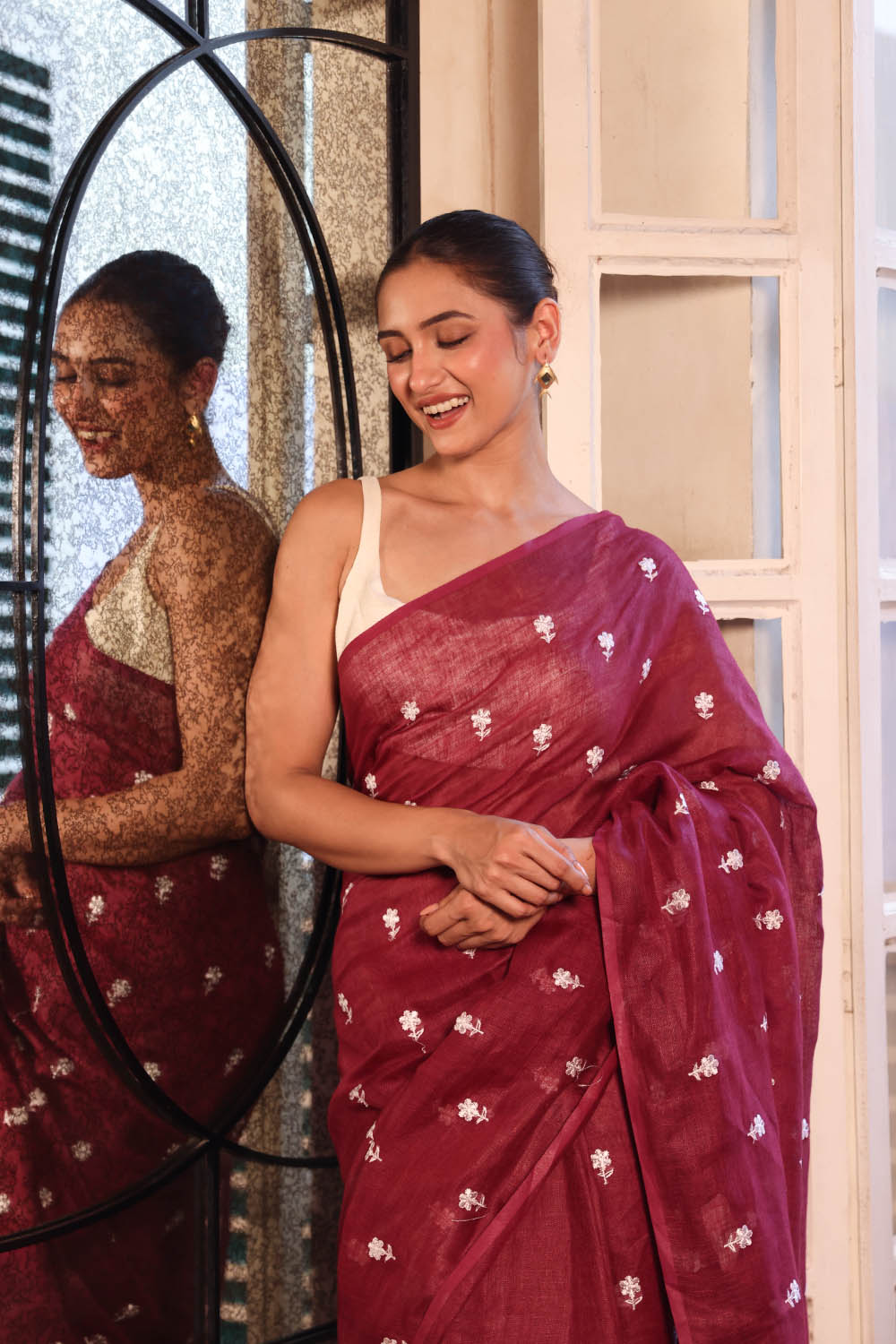 Burgundy Blossom Embroidered Linen Saree