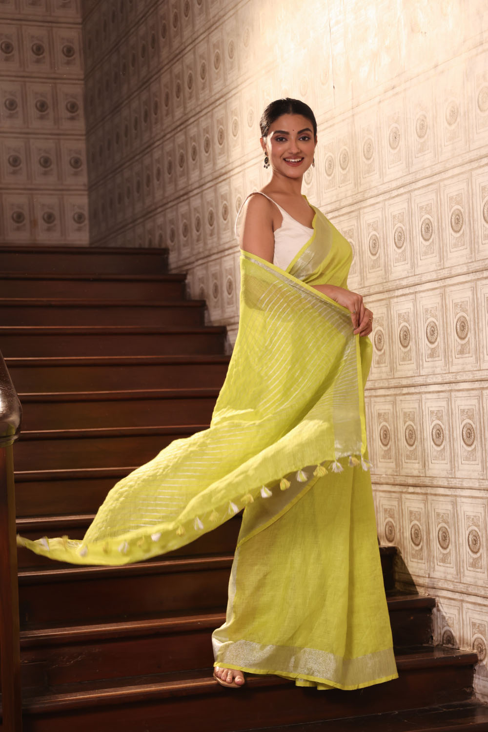Lime Zest Linen Saree