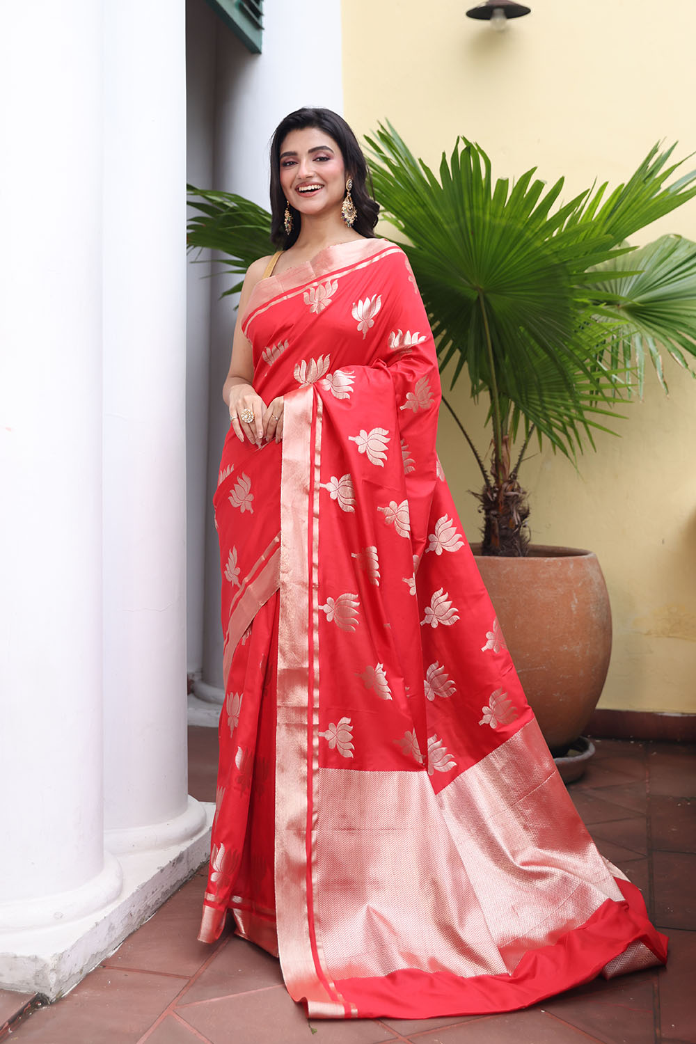 Scarlet Red Lotus Banarasi Saree