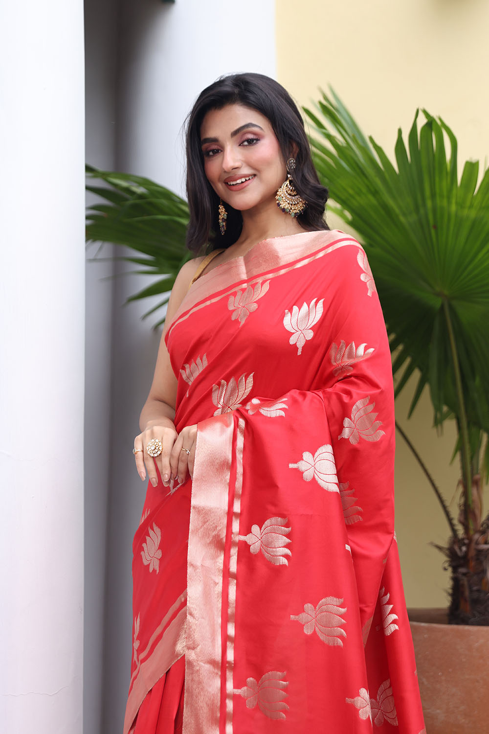 Scarlet Red Lotus Banarasi Saree