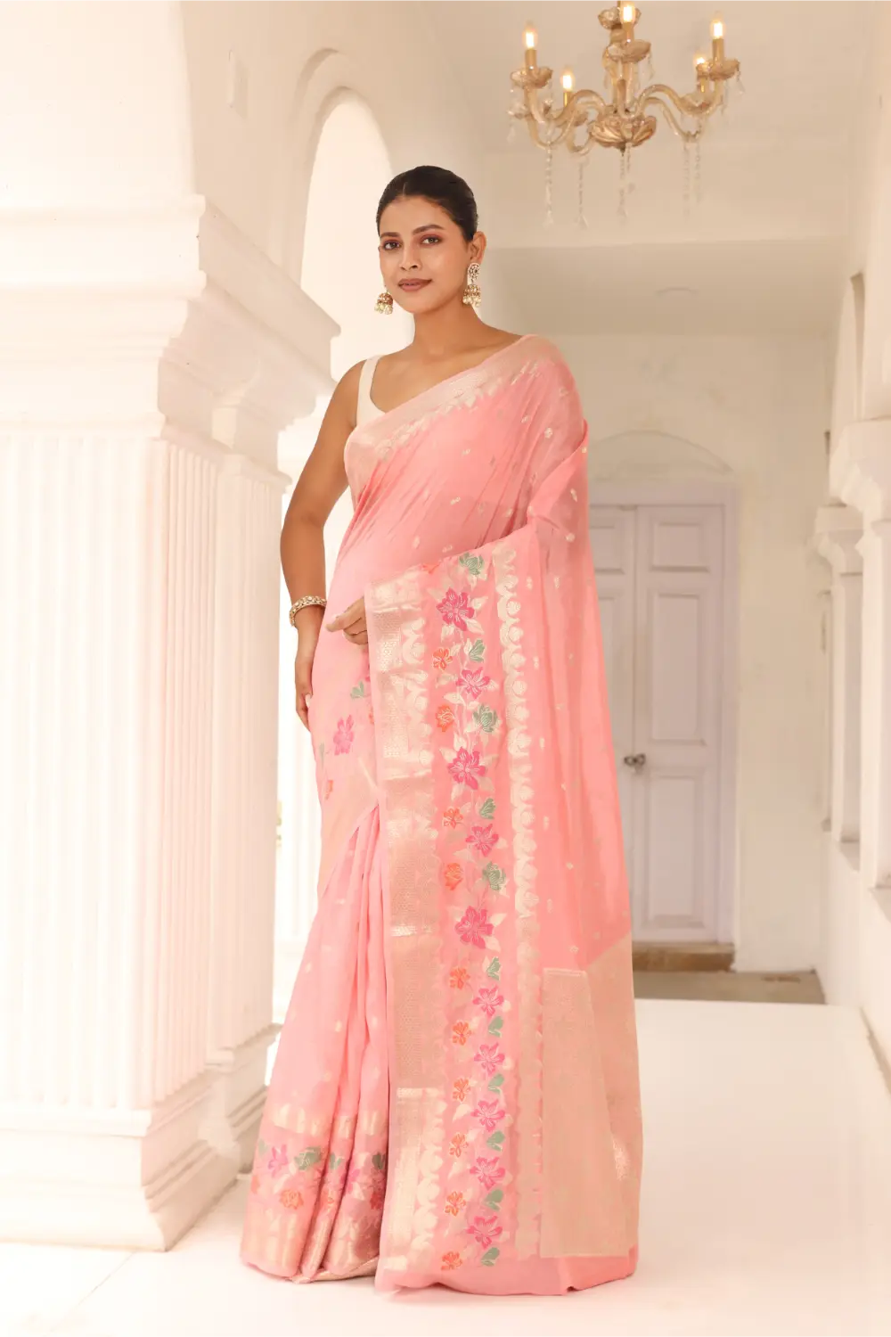 Blush Pink Floral Banarasi Silk Saree