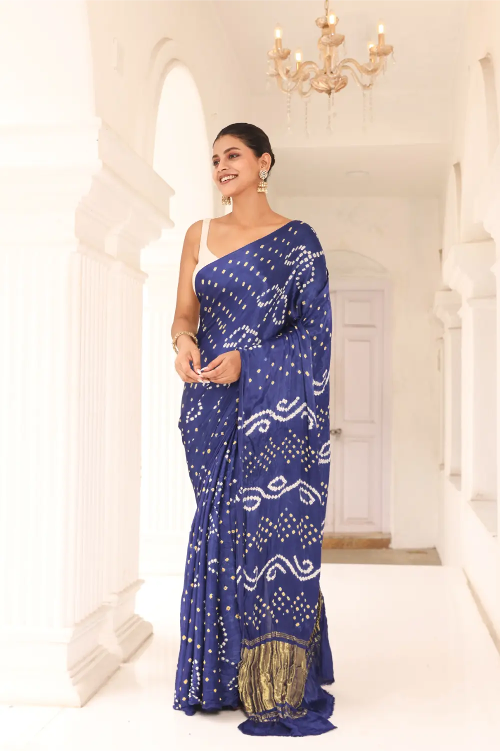 Royal Blue Bandhani Silk Saree With Tissue Palla