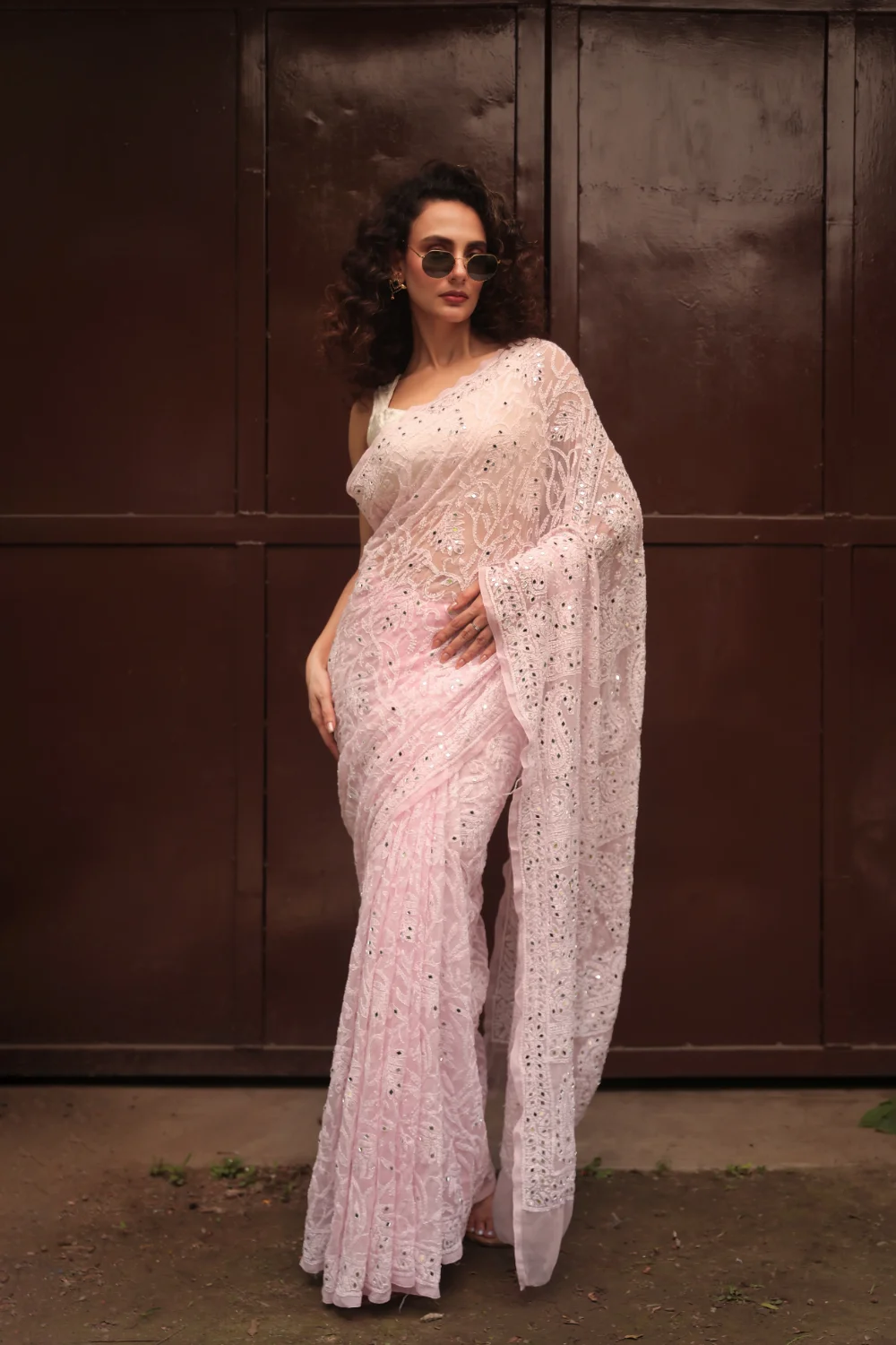 Baby Pink Pure Georgette Chikankari Saree With Mirror Work
