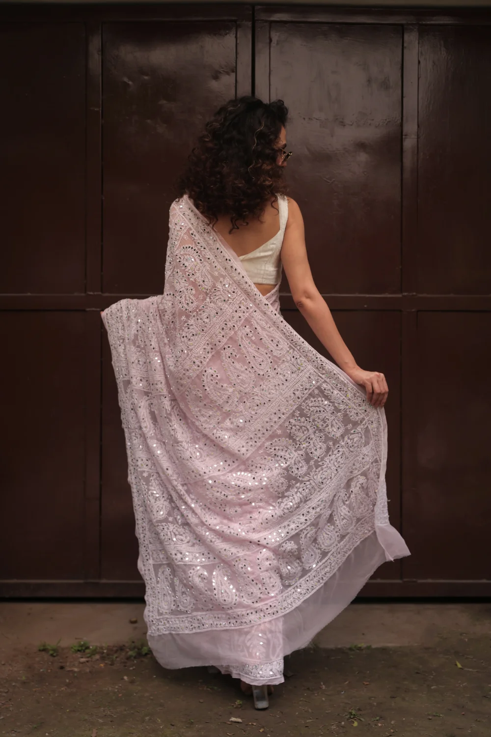 Baby Pink Pure Georgette Chikankari Saree With Mirror Work