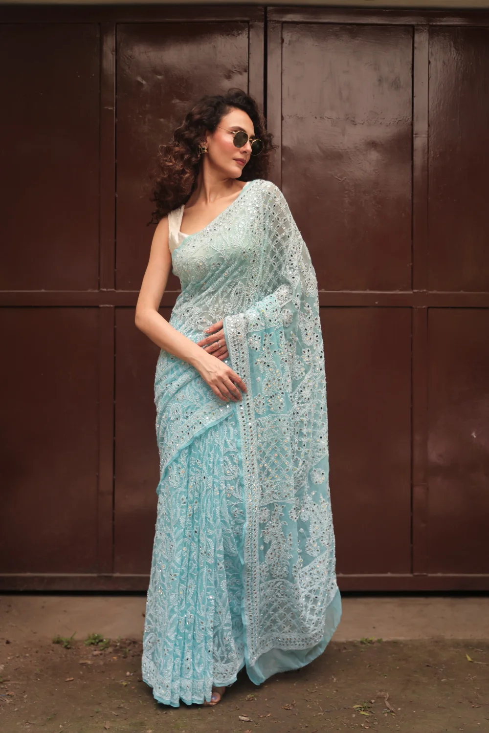 Light Blue Pure Georgette Chikankari Saree With Mirror Work