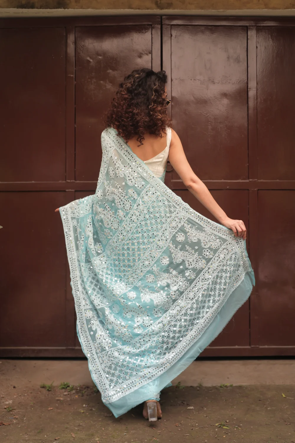 Light Blue Pure Georgette Chikankari Saree With Mirror Work