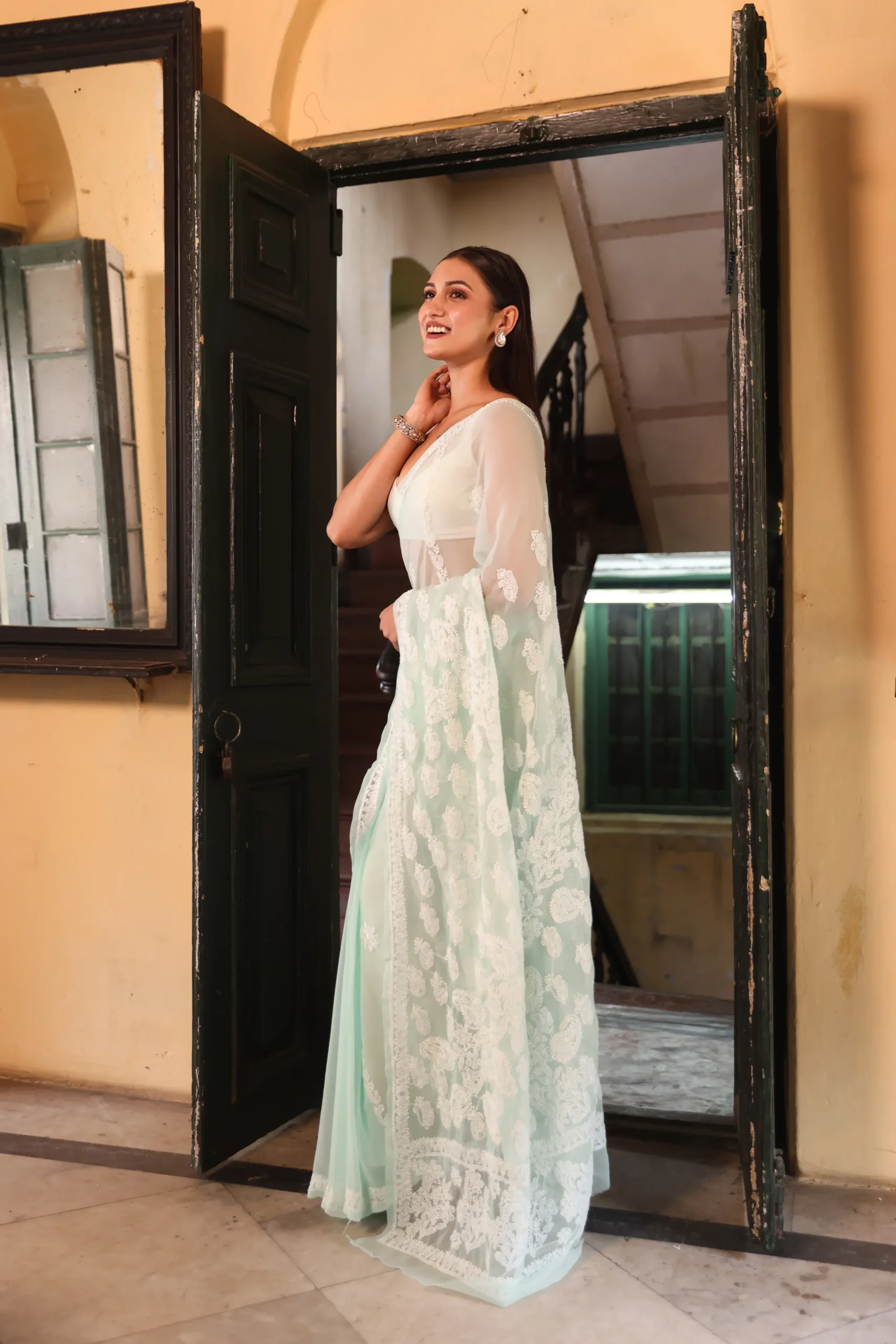 Pastel Green Chikankari Saree