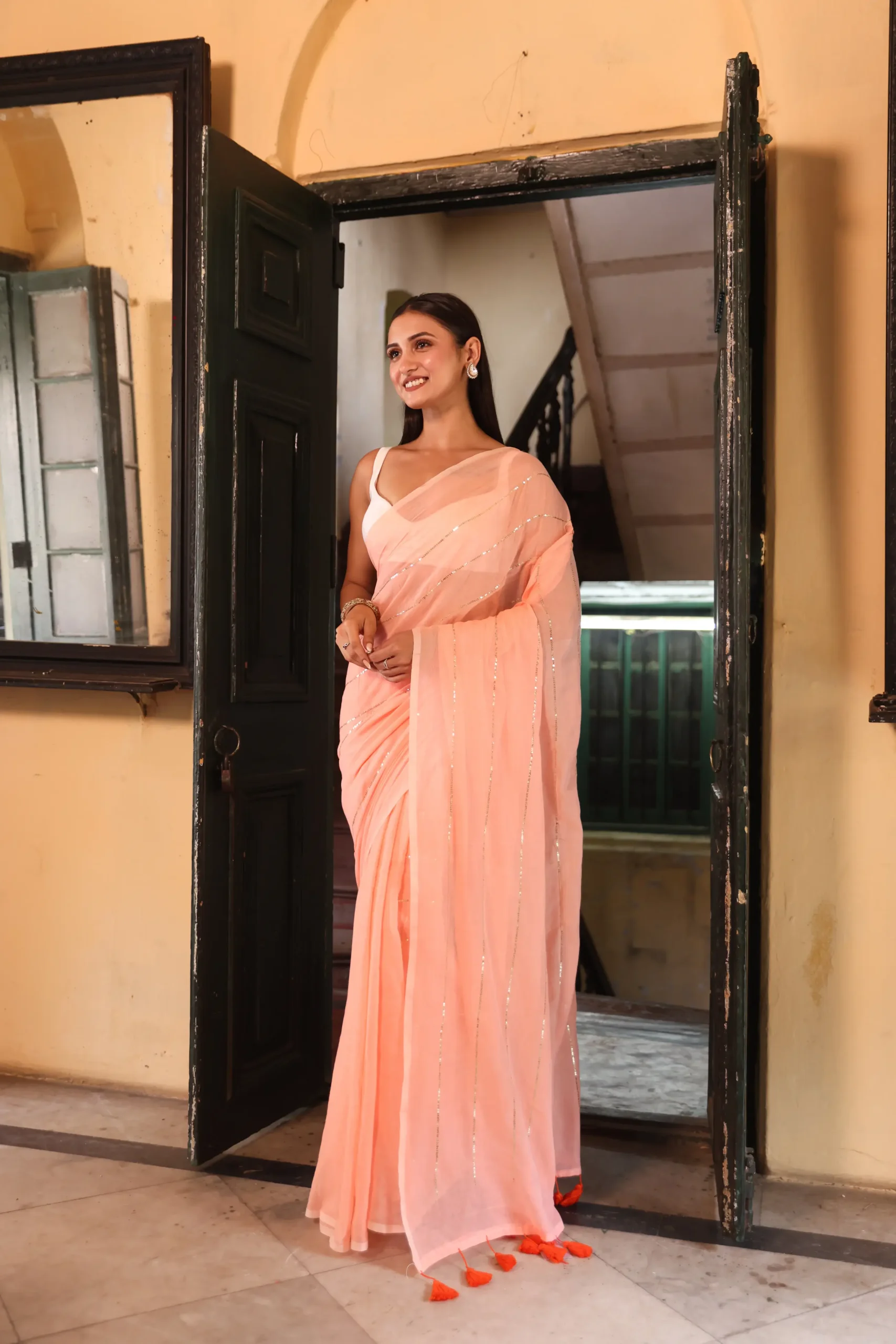 Peach Blush Sequin Mul Saree