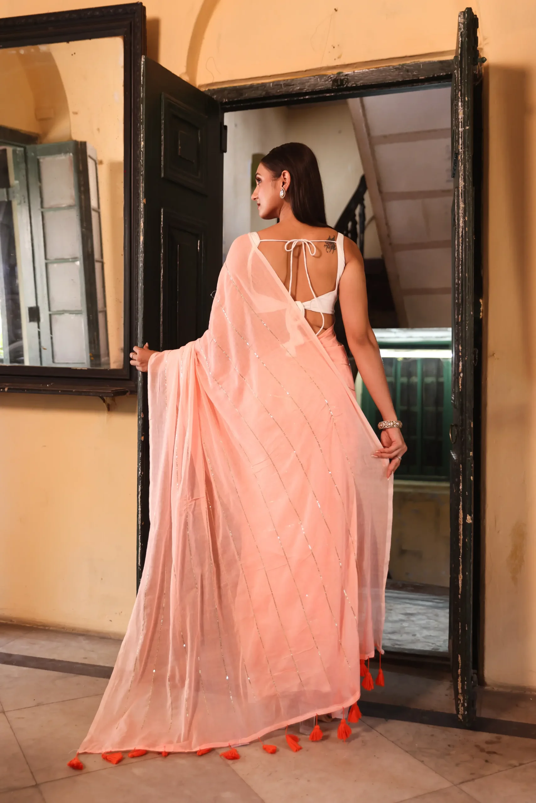 Peach Blush Sequin Mul Saree