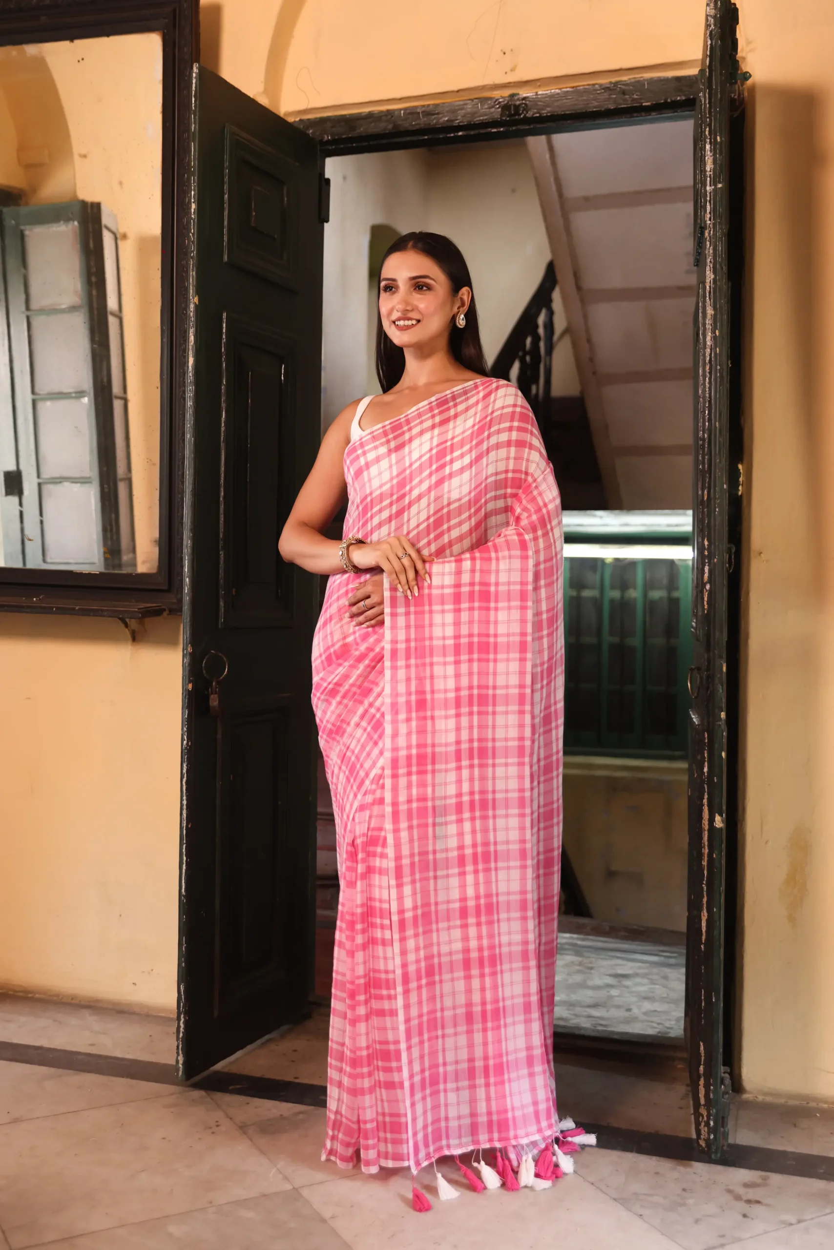 Pink Candy Checkered Mul Saree