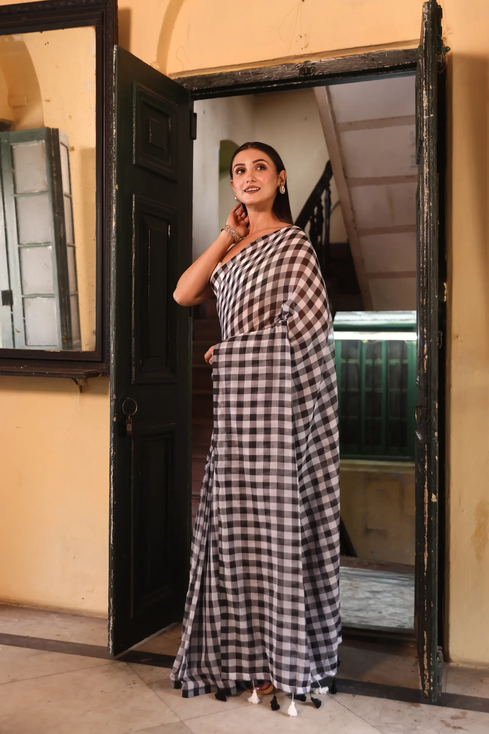Midnight Checkered Mul Saree