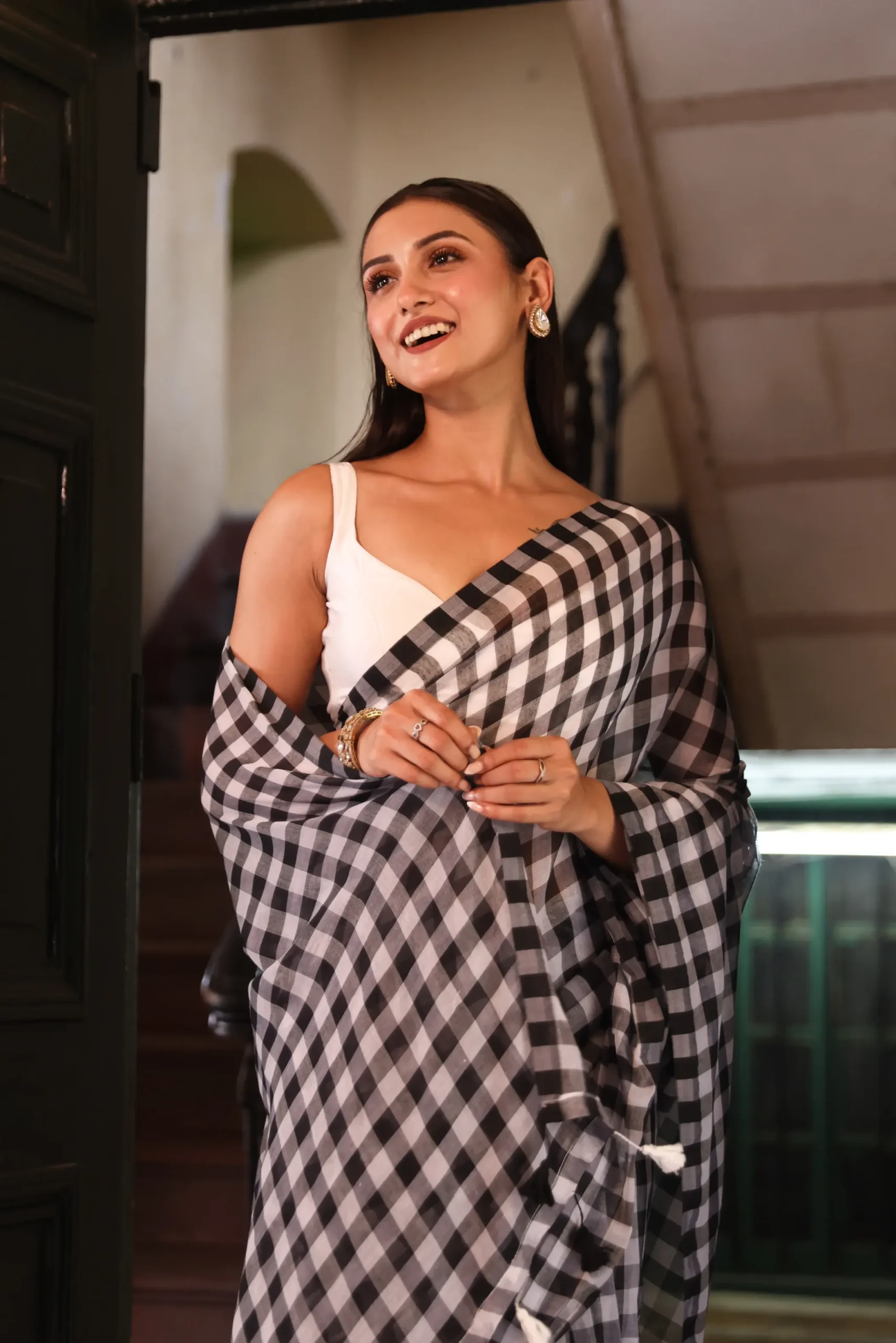 Midnight Checkered Mul Saree