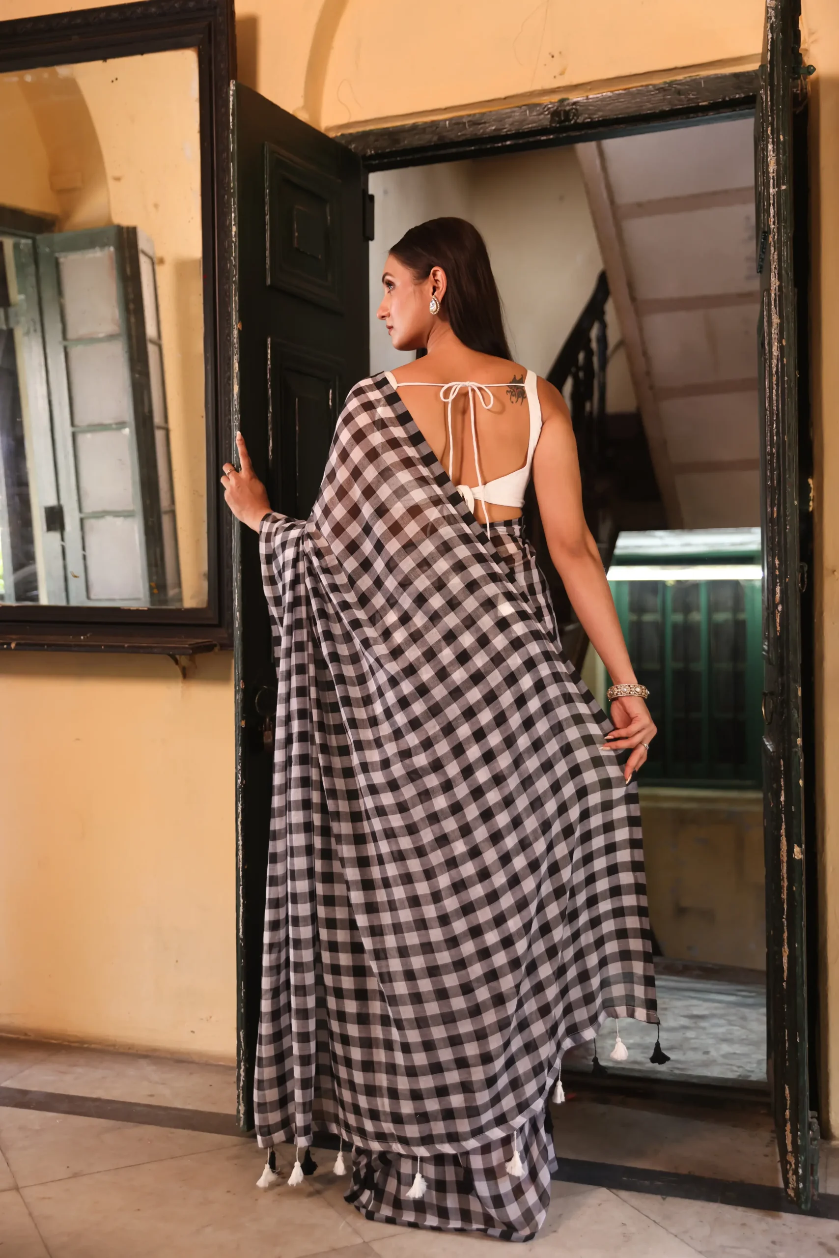 Midnight Checkered Mul Saree