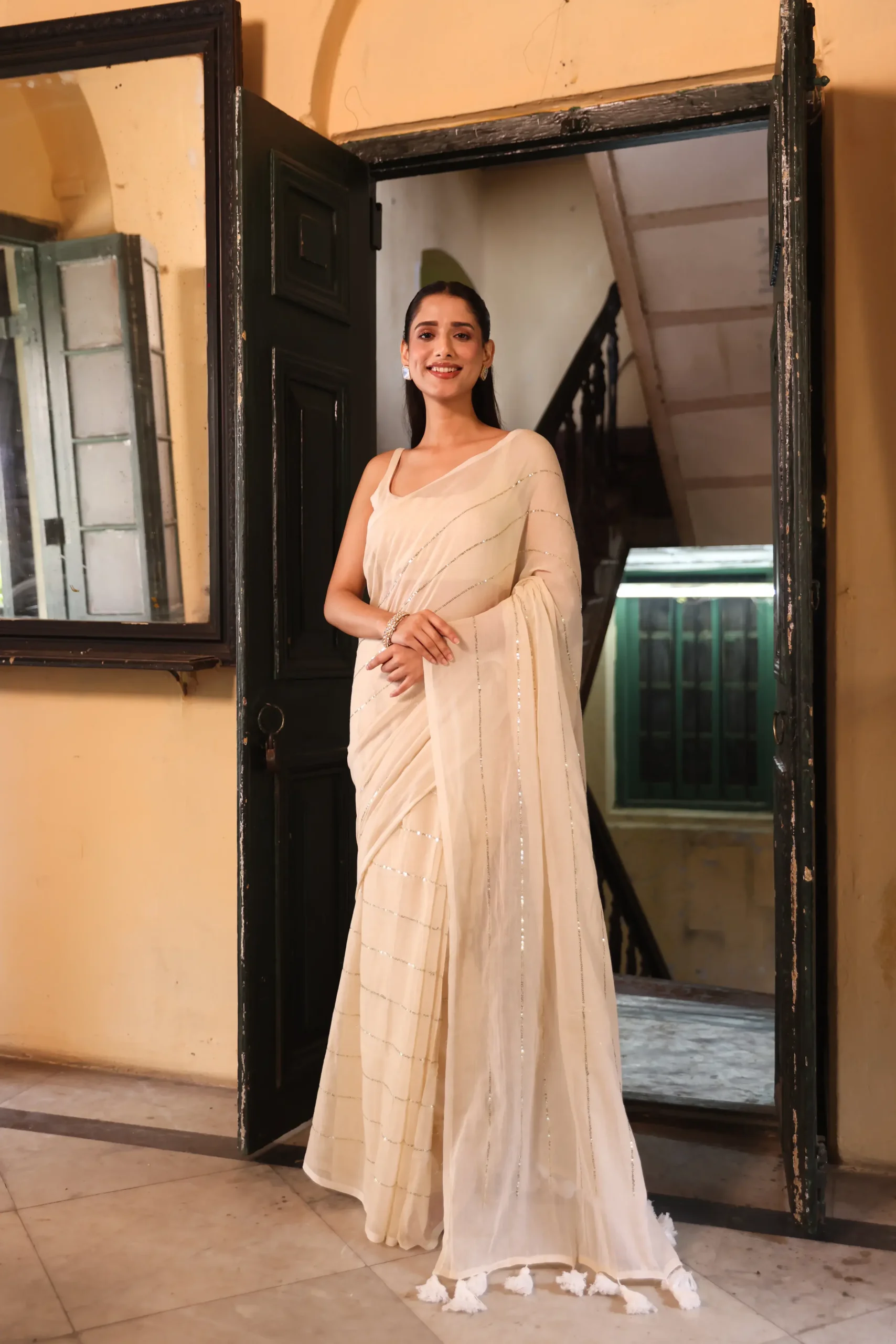 Ivory Silver-Stripe Mul Saree