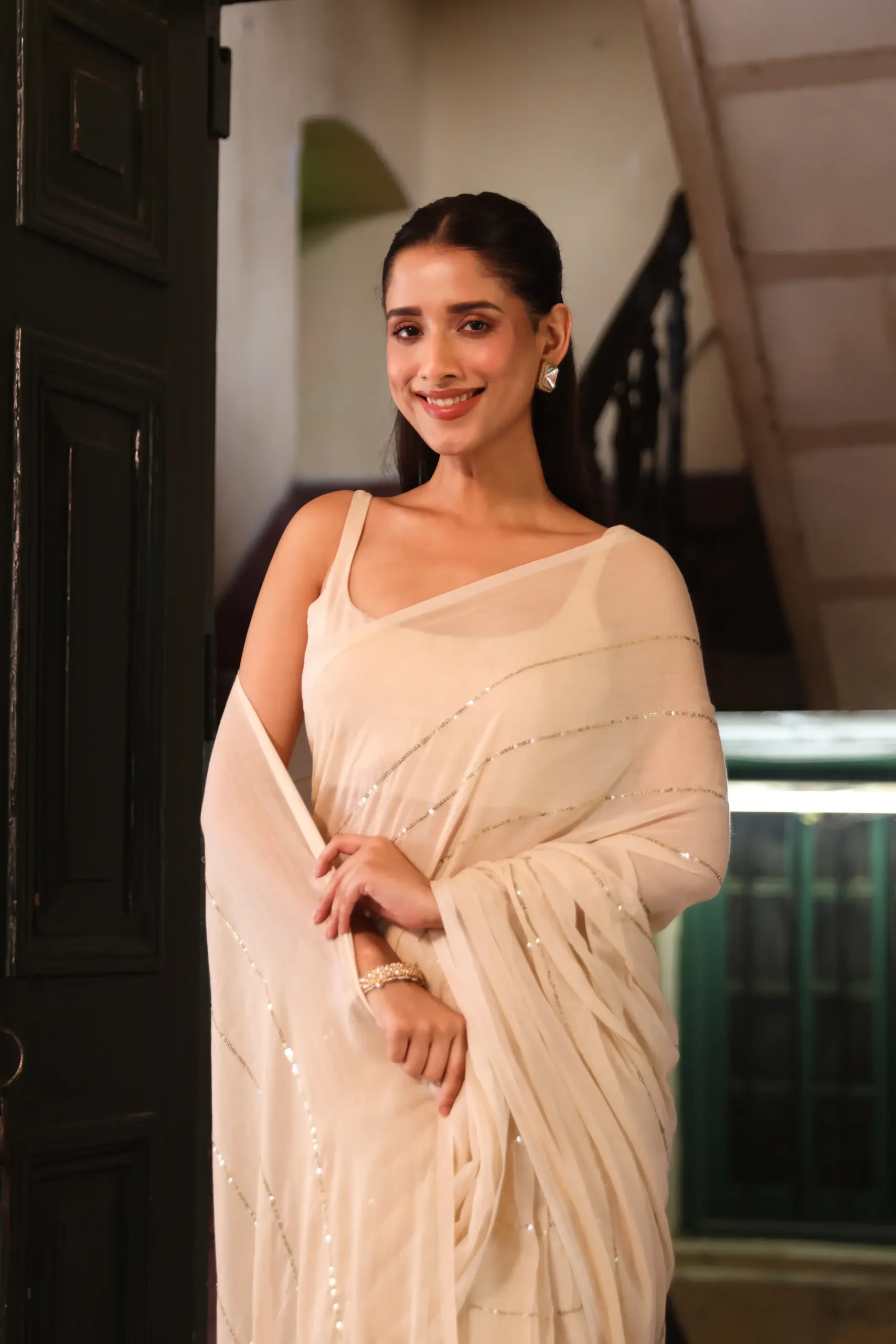 Ivory Silver-Stripe Mul Saree