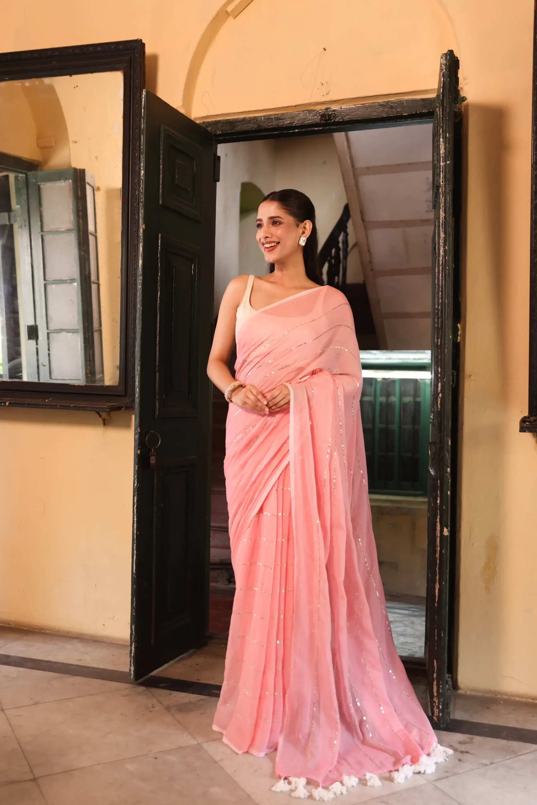 Blush Pink Silver-Streak Mul Saree