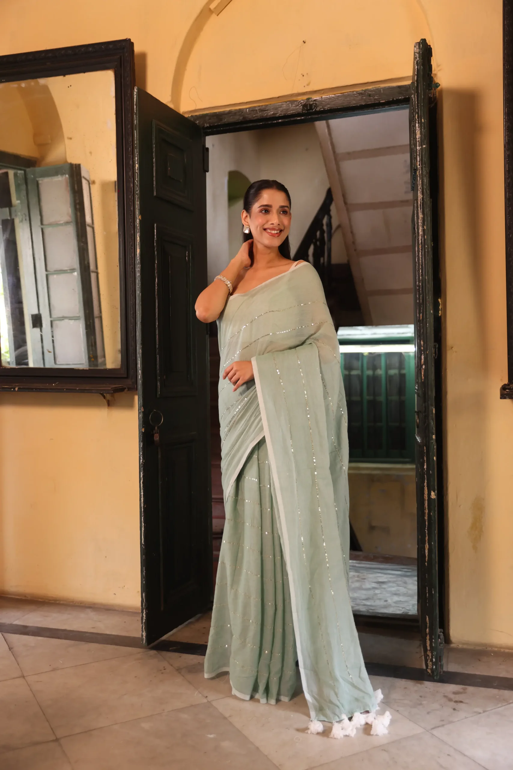 Mint Mist Silver-Stripe Mul Saree
