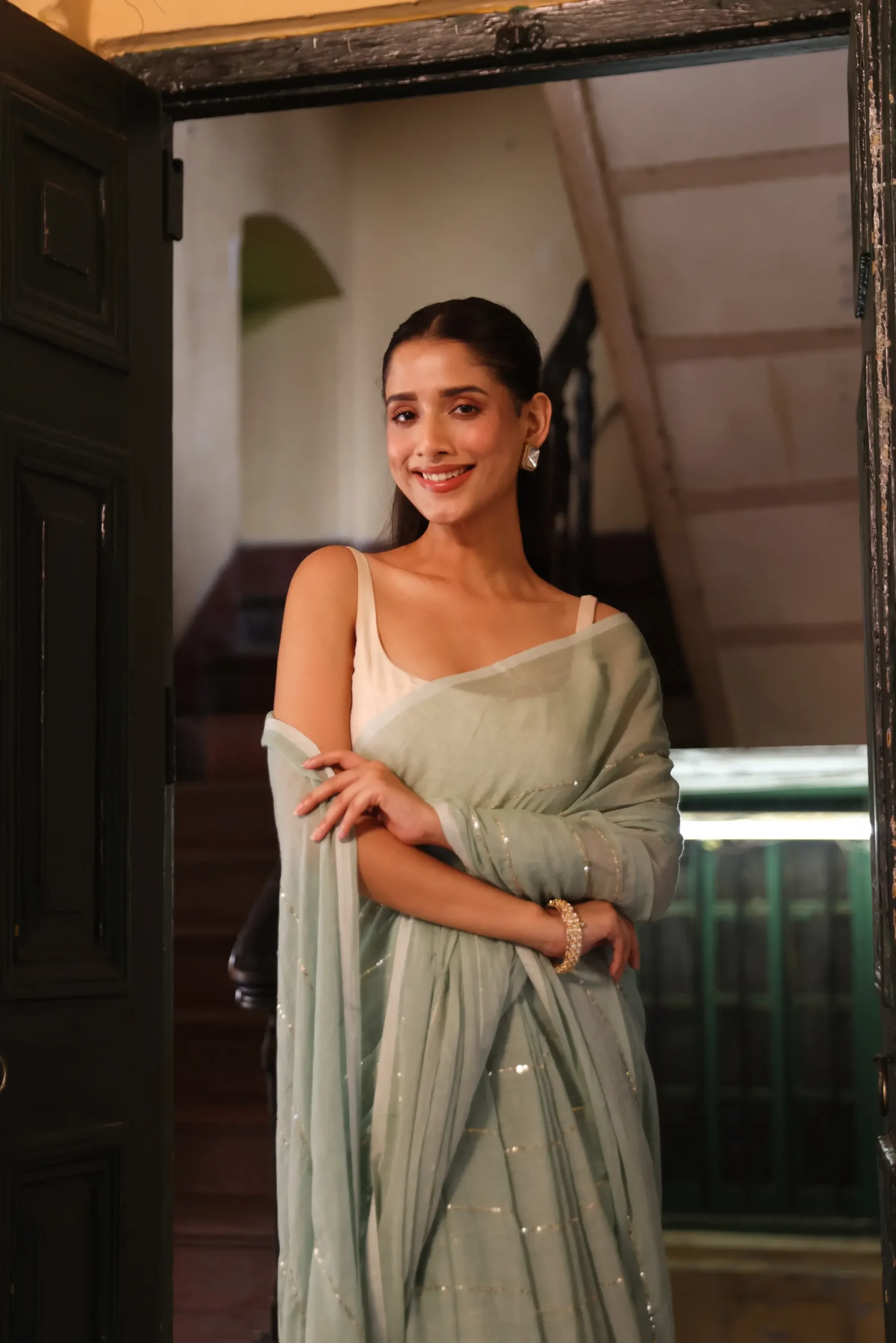 Mint Mist Silver-Stripe Mul Saree