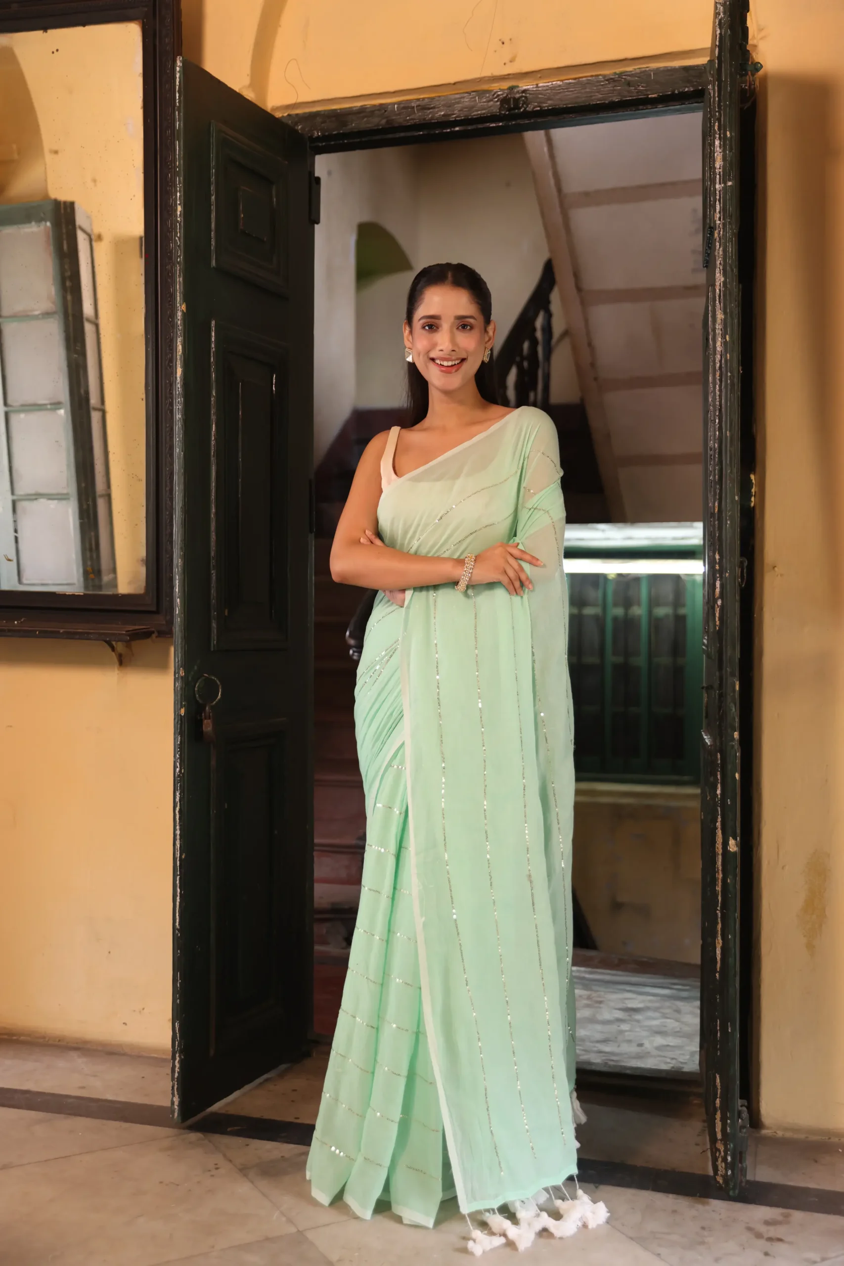 Mint Green Sequin-Stripe Mul Saree